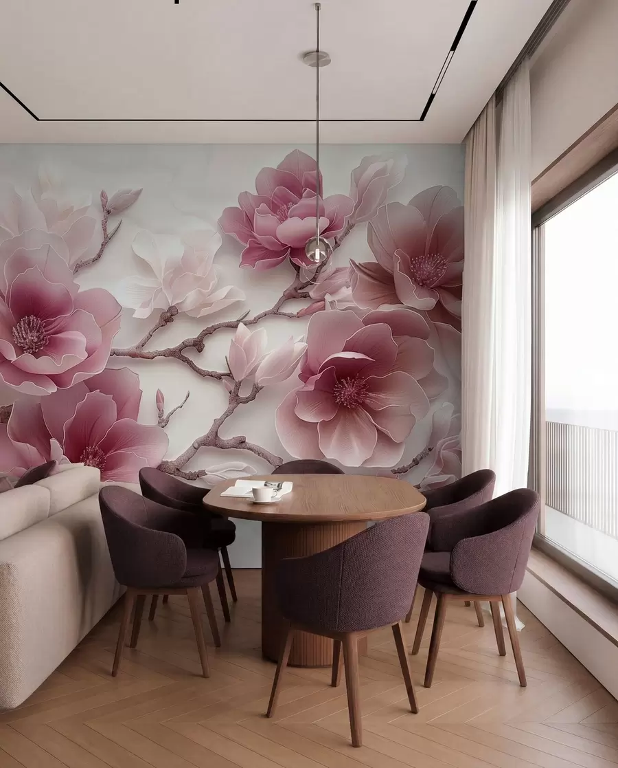 Fototapet Růžové reliéfní květy magnólie na elegantní větvi w01359v2