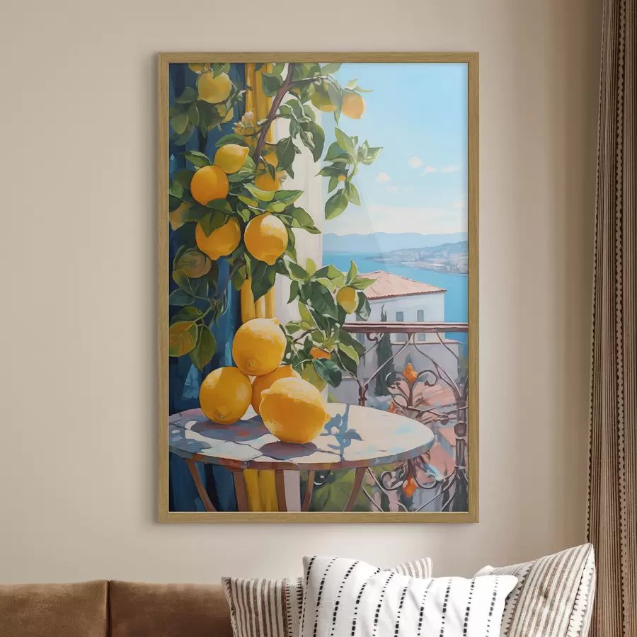 Fototapet Citrony na stromě a stole na hotelovém balkóně s imitací olejomalby s výhledem na moře f40091