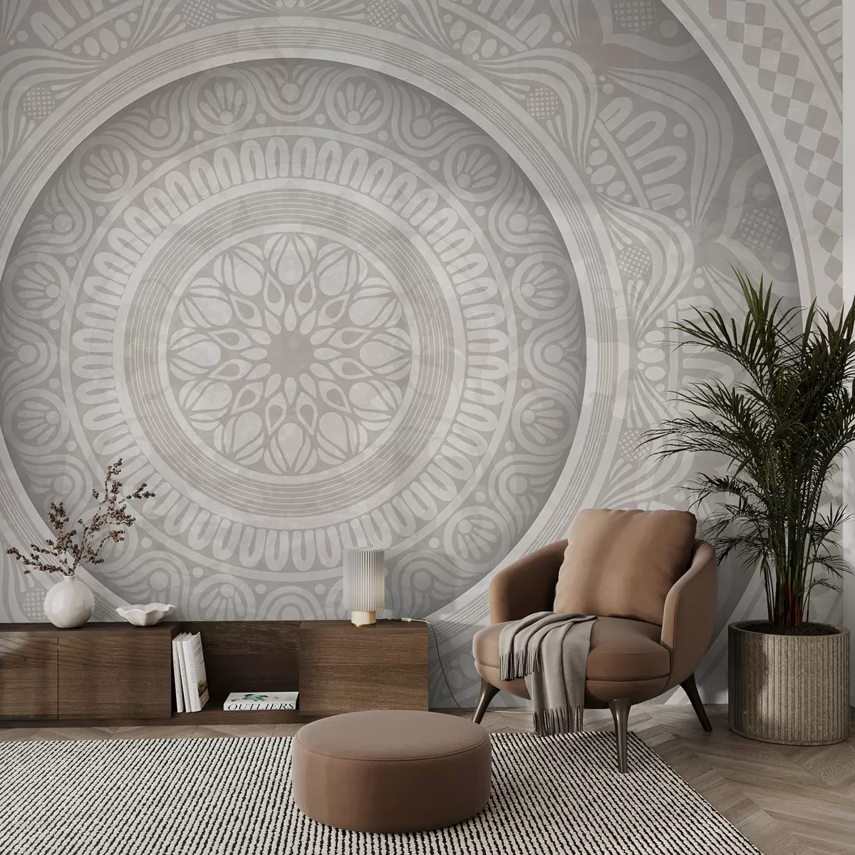 Fototapet Detailní symetrický šedobílý potisk mandaly se soustřednými kruhy a geometrickými tvary   w08182