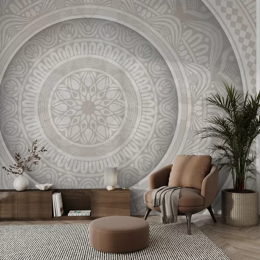 Fototapet Detailní symetrický šedobílý potisk mandaly se soustřednými kruhy a geometrickými tvary   w08182