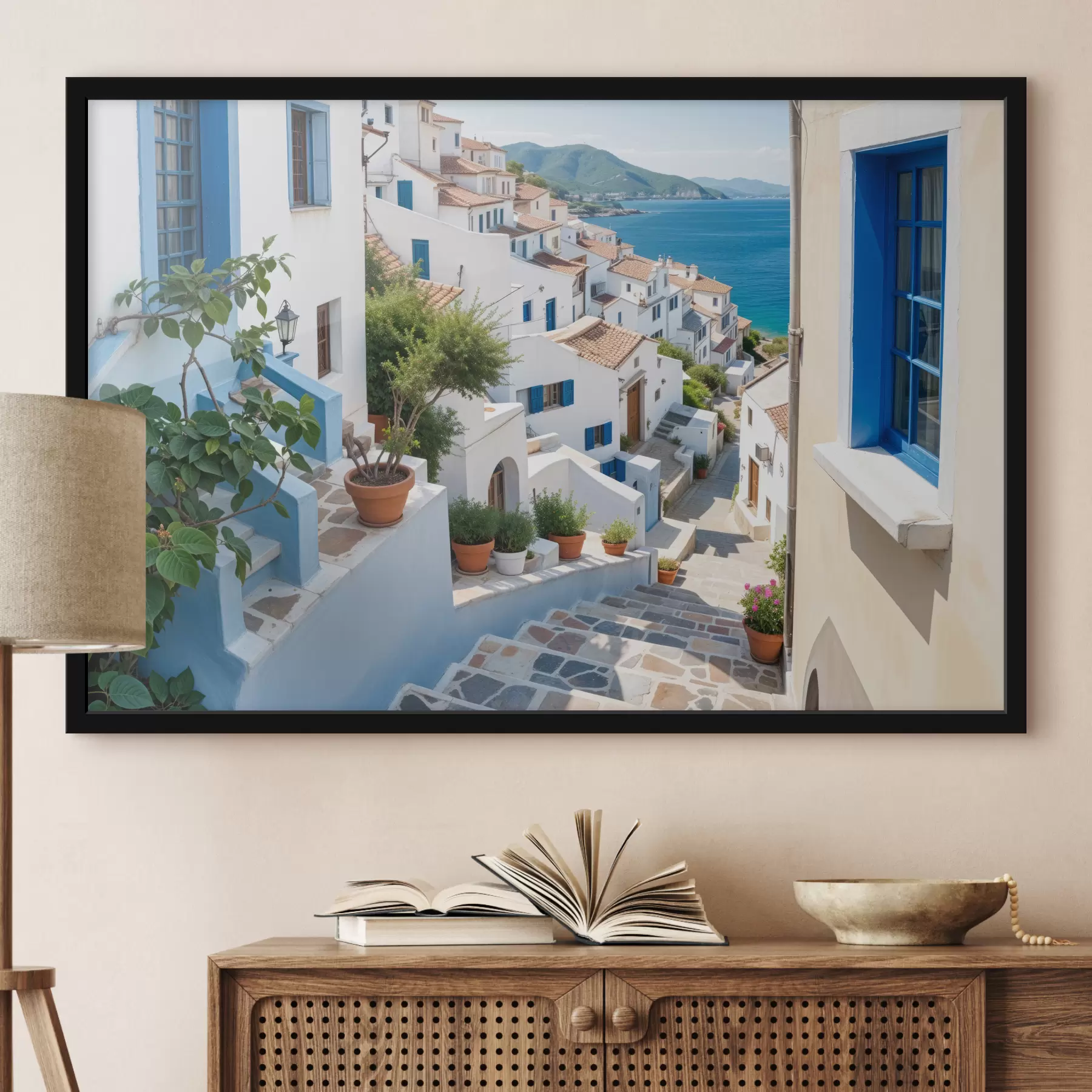 Fototapet Malebné pobřežní městečko s bílými budovami, modrými okny a hrnkovými rostlinami lemujícími úzké uličky f40148