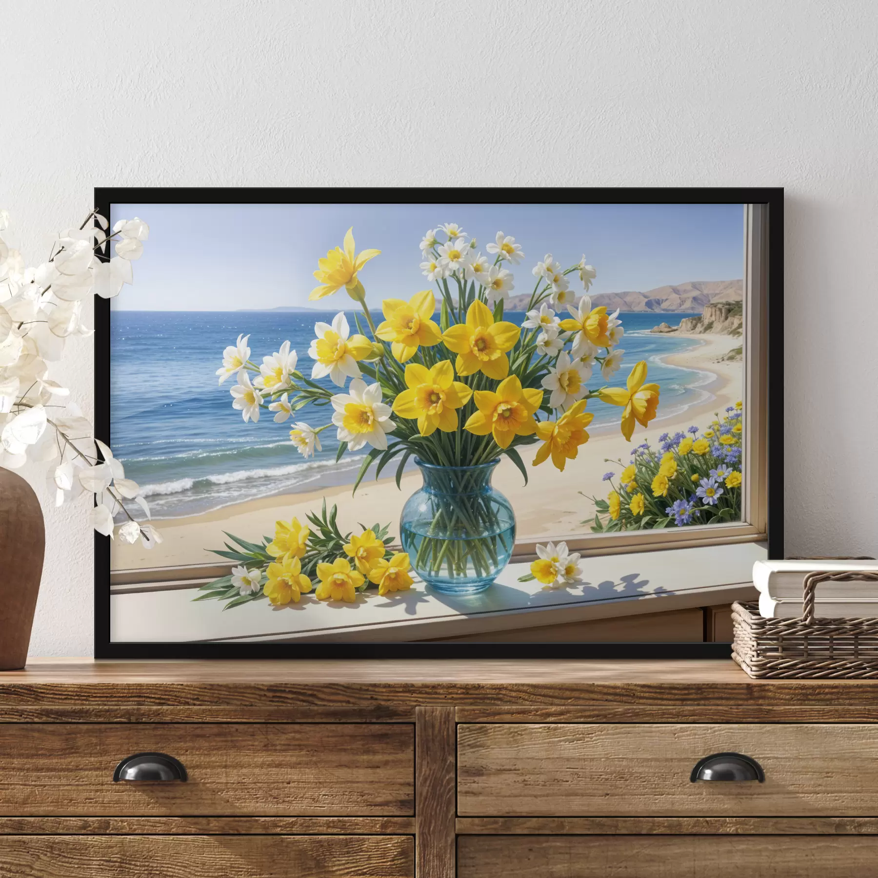 Fototapet Kytice žlutých narcisů a bílých sedmikrásek ve skleněné váze na parapetu s výhledem na pláž a oceán f40171