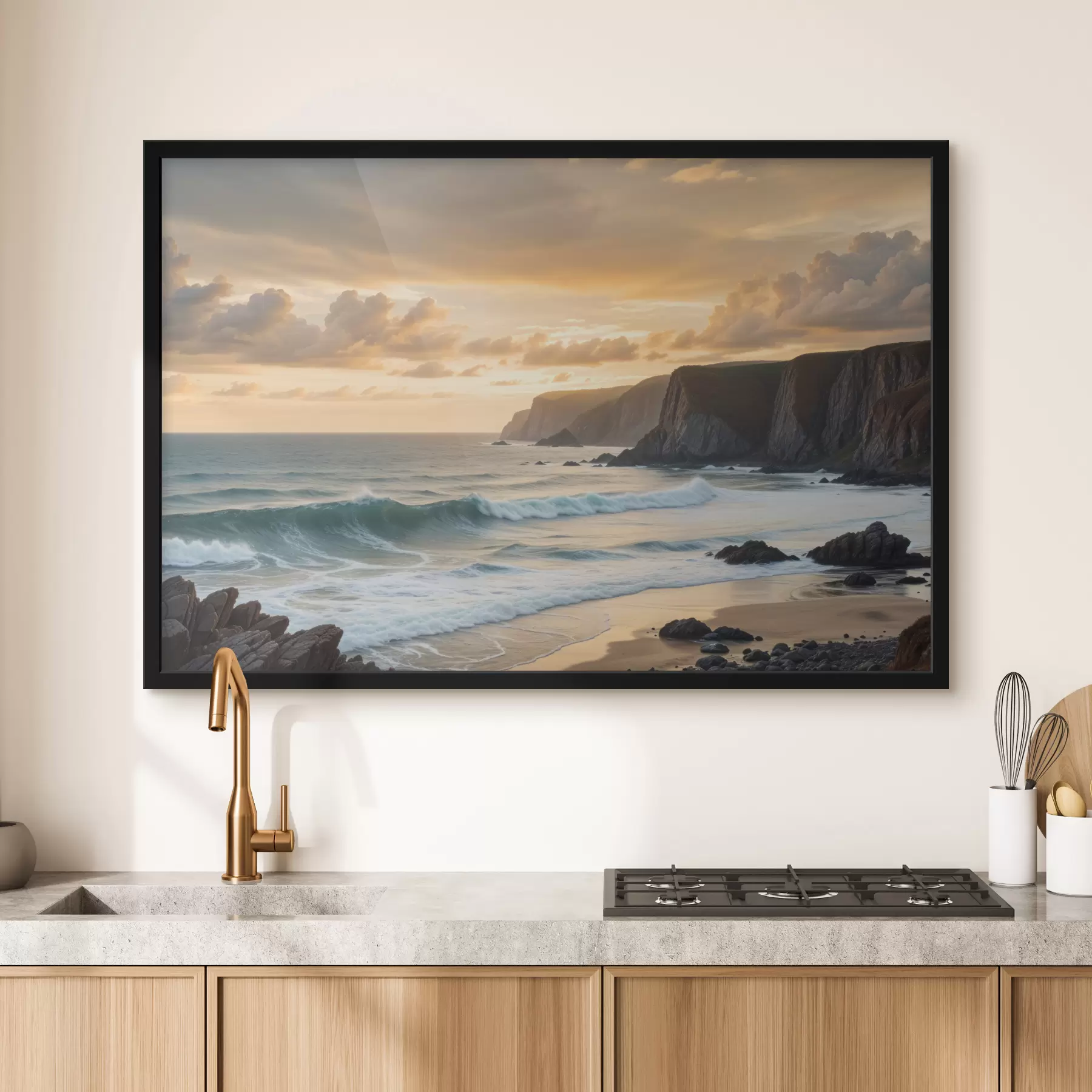 Fototapet Malebná pobřežní krajina s dramatickými útesy, burácejícími vlnami a barevnou oblohou při západu slunce f40176