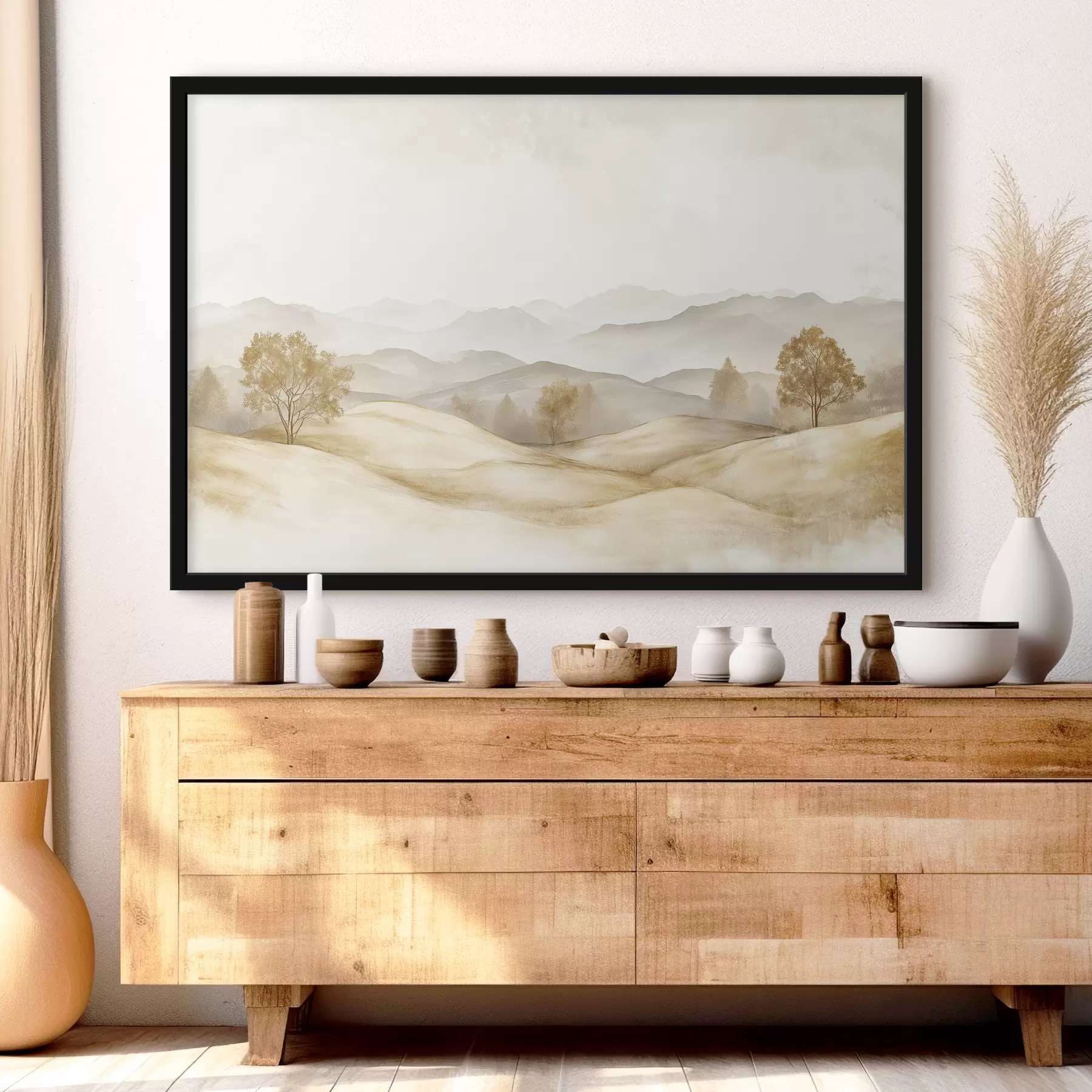 Obraz Přírodní krajina v béžové paletě barev, louka, stromy, kresba akvarelem Č. f40231