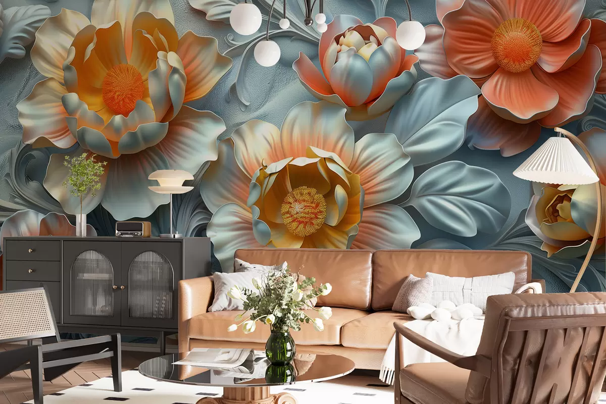 Fototapet 3D ilustrace abstraktních jasných květin v barokním stylu na pozadí rostlin w01427