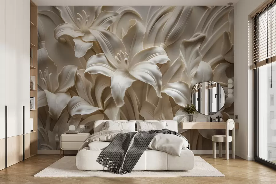 Fototapet Elegantní béžový 3D reliéf vyřezávaných lilií w01433