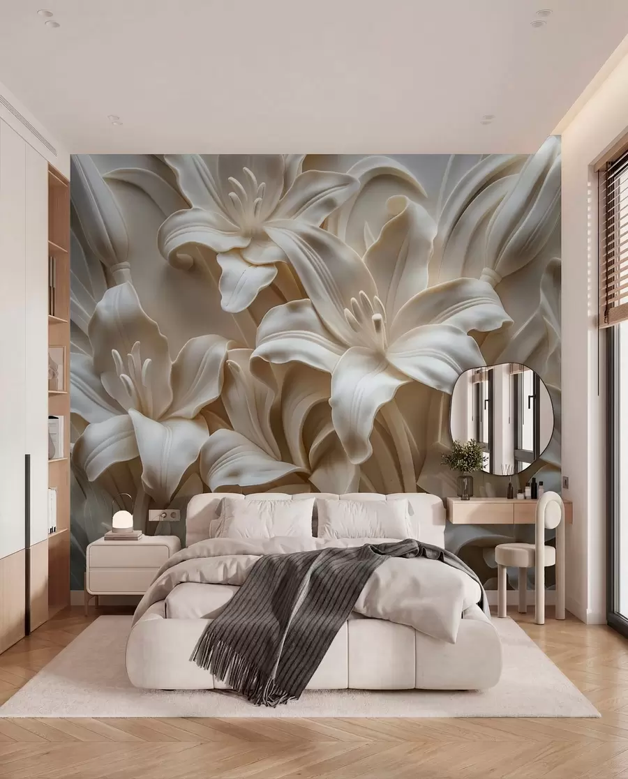 Fototapet Elegantní béžový 3D reliéf vyřezávaných lilií w01433
