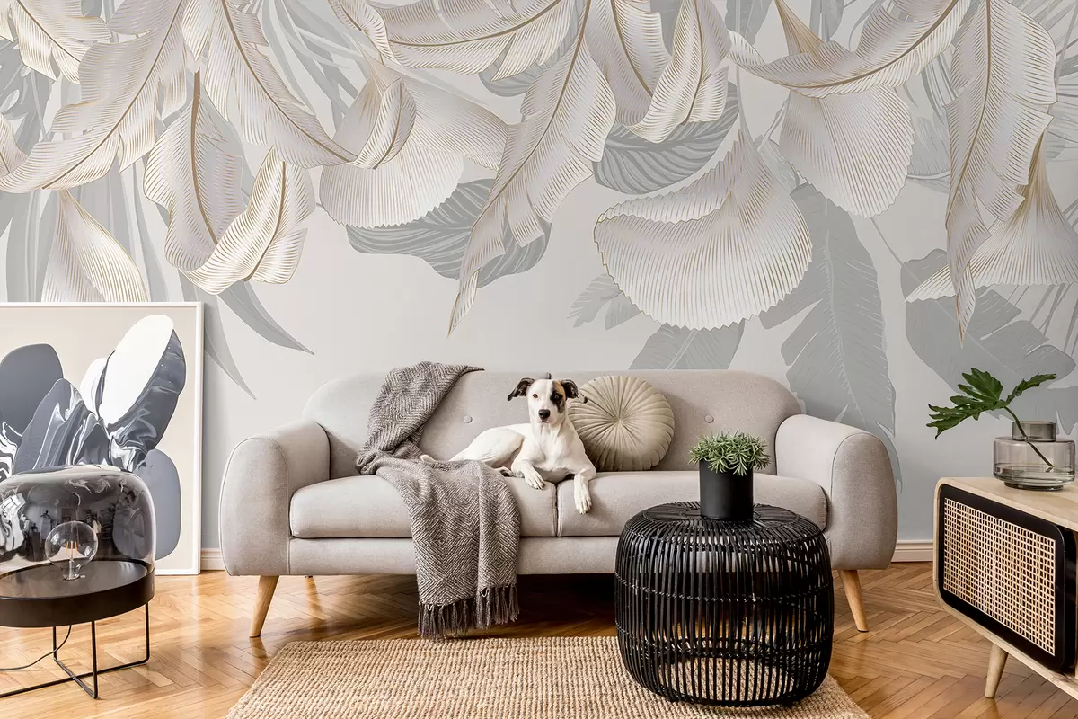 Fototapet Jemné bílé a šedé květinové tropické listy vytvářejí měkké, éterické pozadí w08217