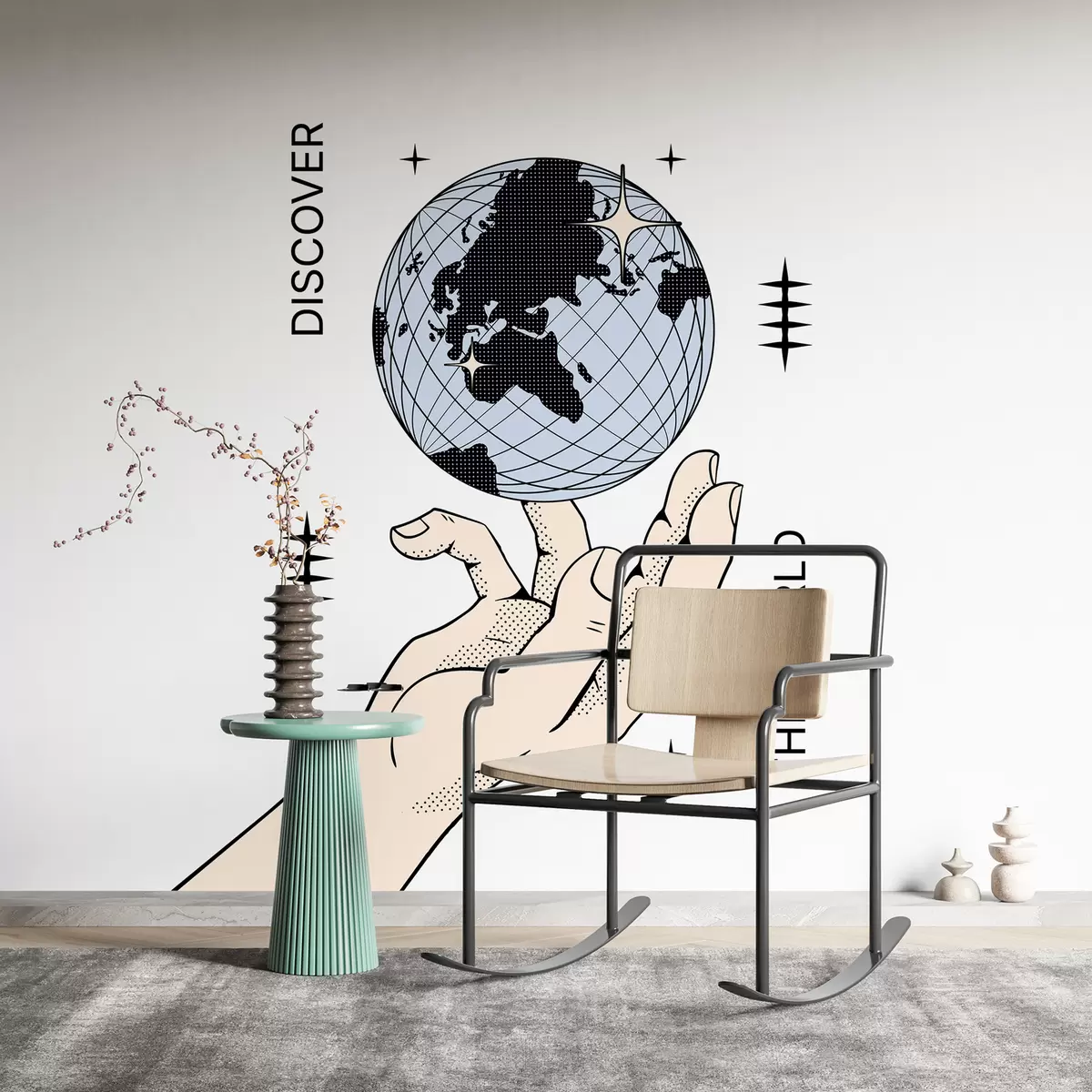 Fototapet Béžová ruka točící zeměkoule na bílém pozadí pro dekoraci místnosti nebo kanceláře w00984