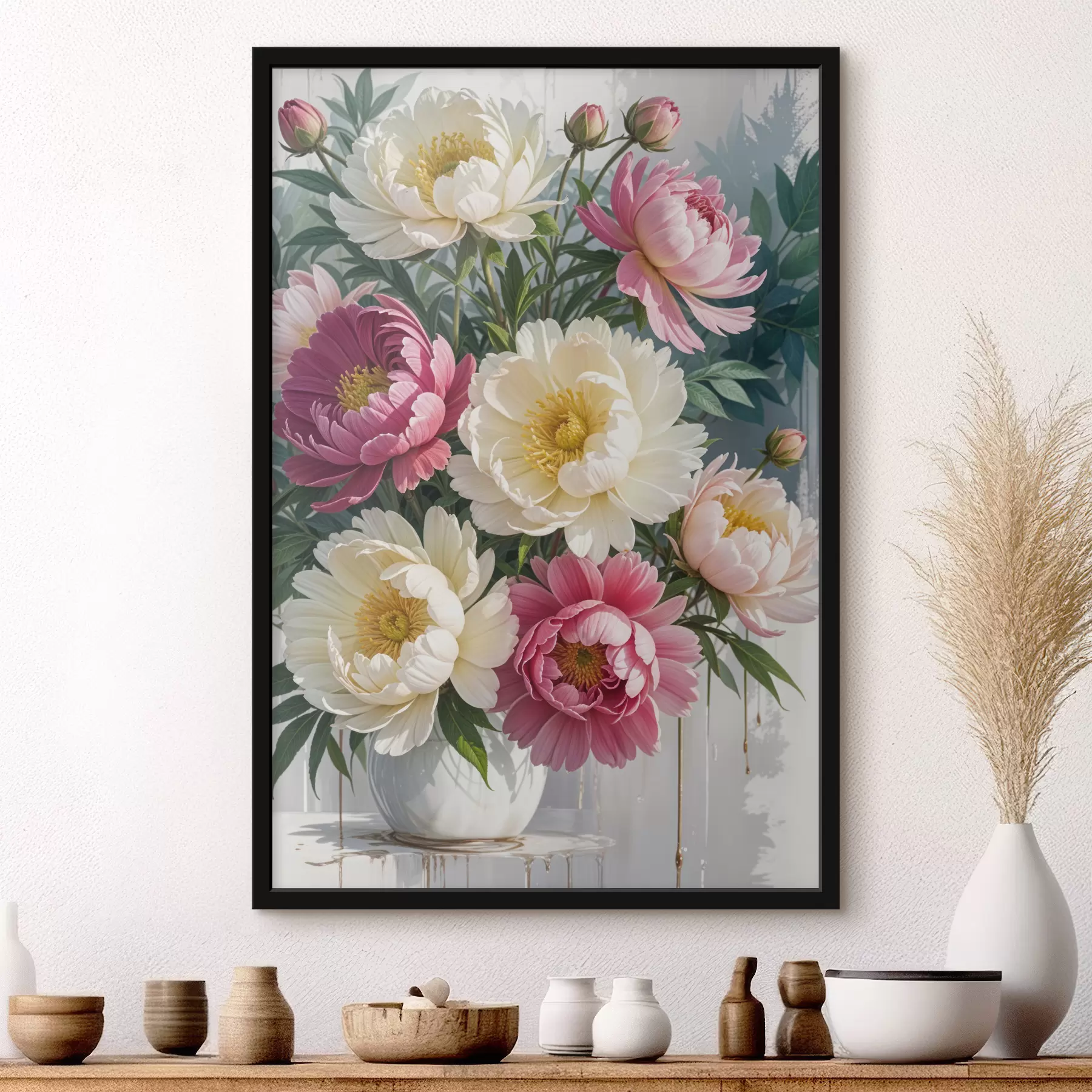 Fototapet Kytice zářivých květů pivoňky v různých odstínech růžové, bílé a žluté s barevnými cákanci f40403