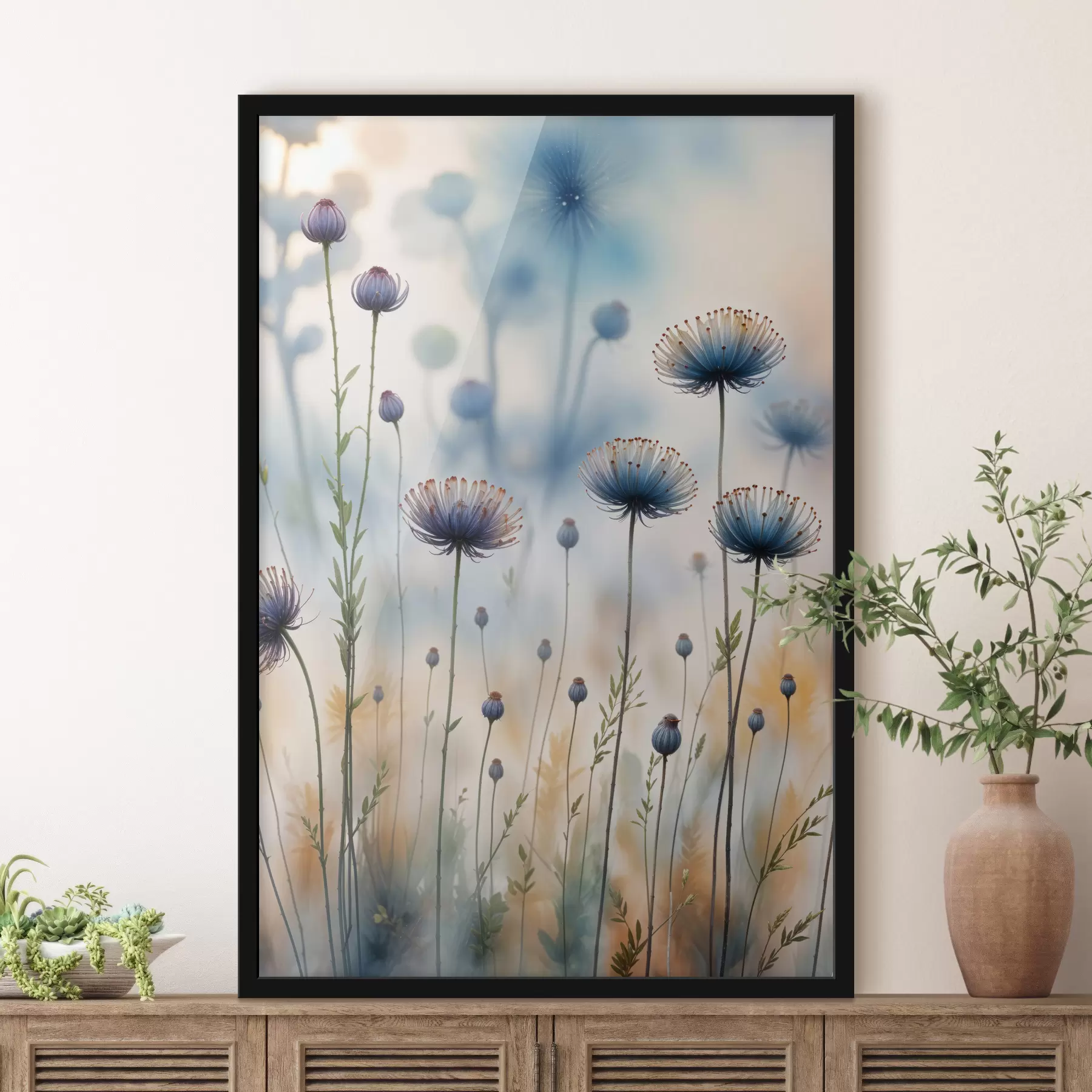 Obraz Vysoké fialové květy připomínající pampelišku s rozmazaným pozadím, vytvářející klidnou a zasněnou atmosféru Č. f40414