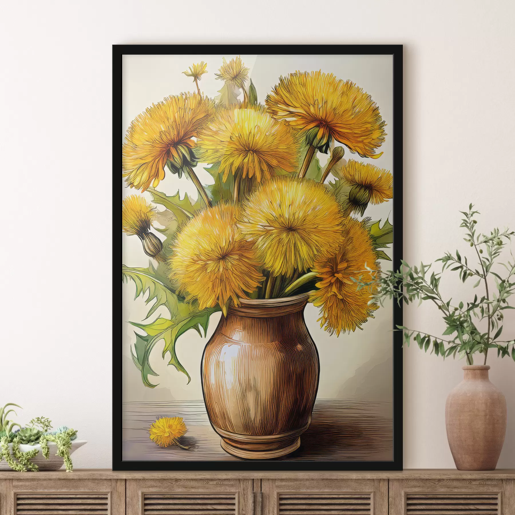 Fototapet pampelišky, kytice pampelišek ve váze, žluté pampelišky f40418