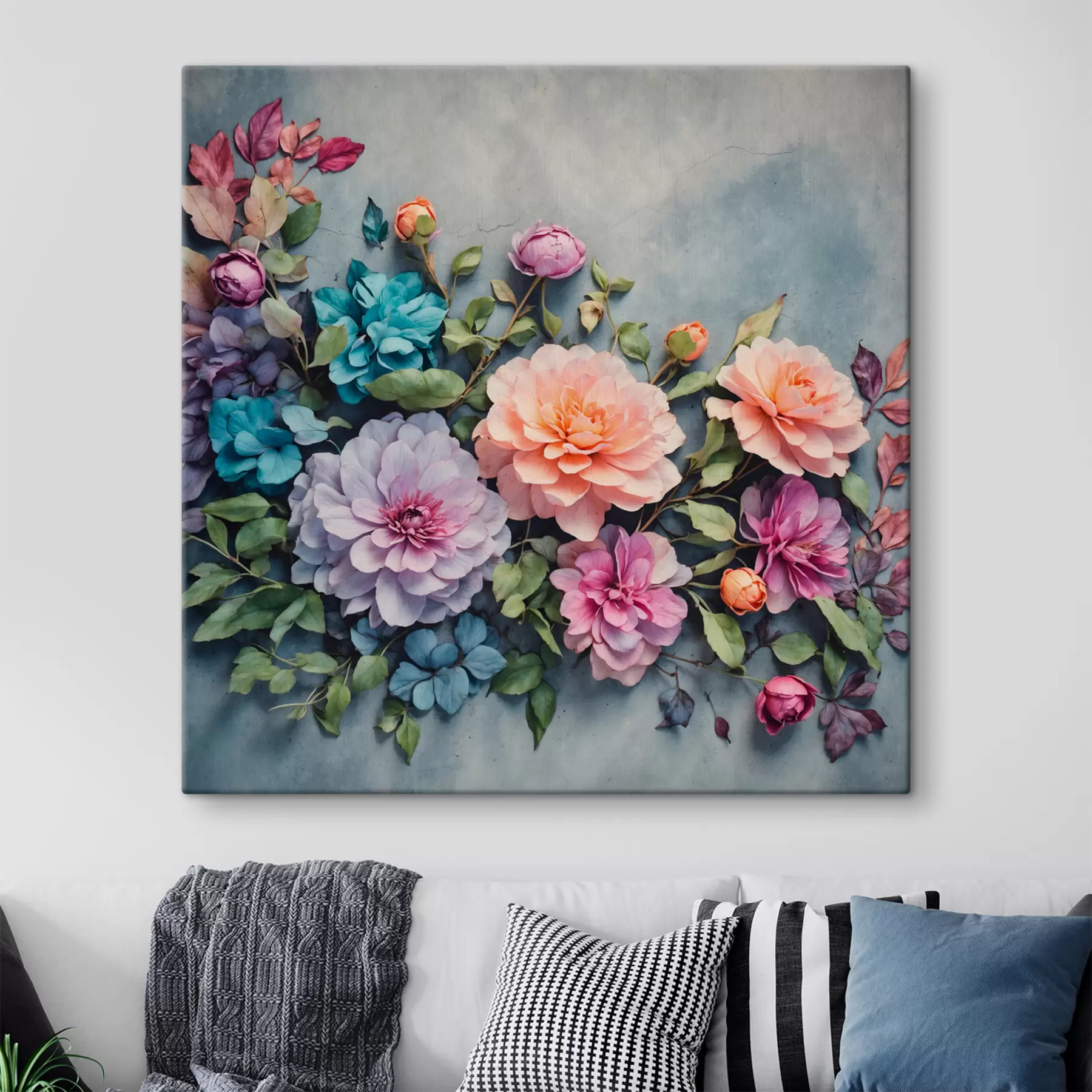 Obraz Květiny a listy na modrém pozadí Č. s40346