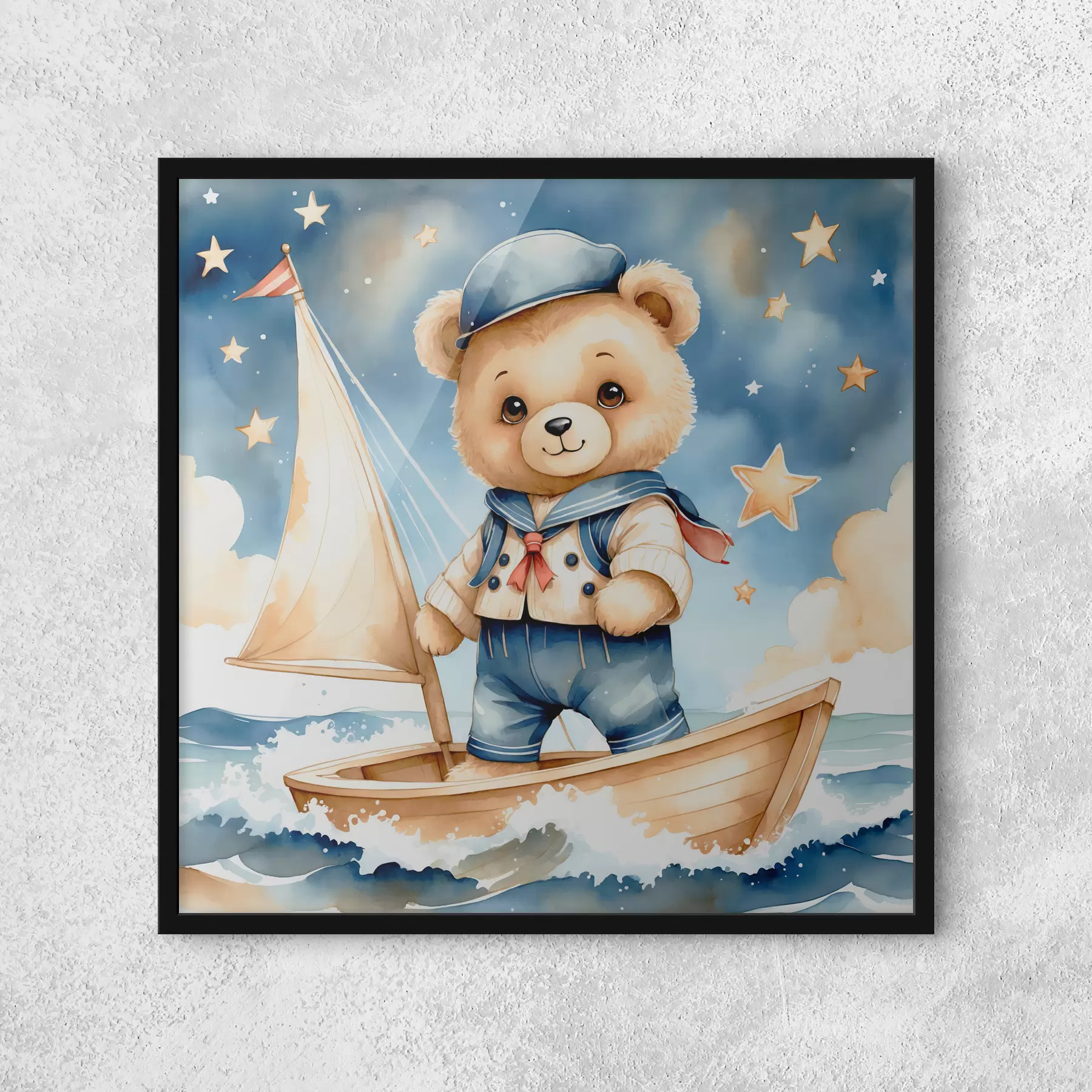Fototapet Roztomilý akvarelový medvídek v loďce s hvězdami na obloze f40429