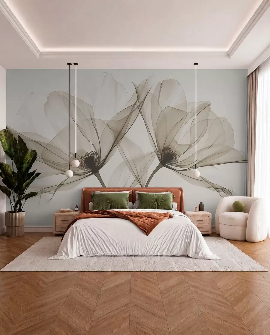 Fototapet Modrá průhledná květina v rentgenovém stylu na bílém pozadí Minimalistický jednobarevný botanický design w01482v1