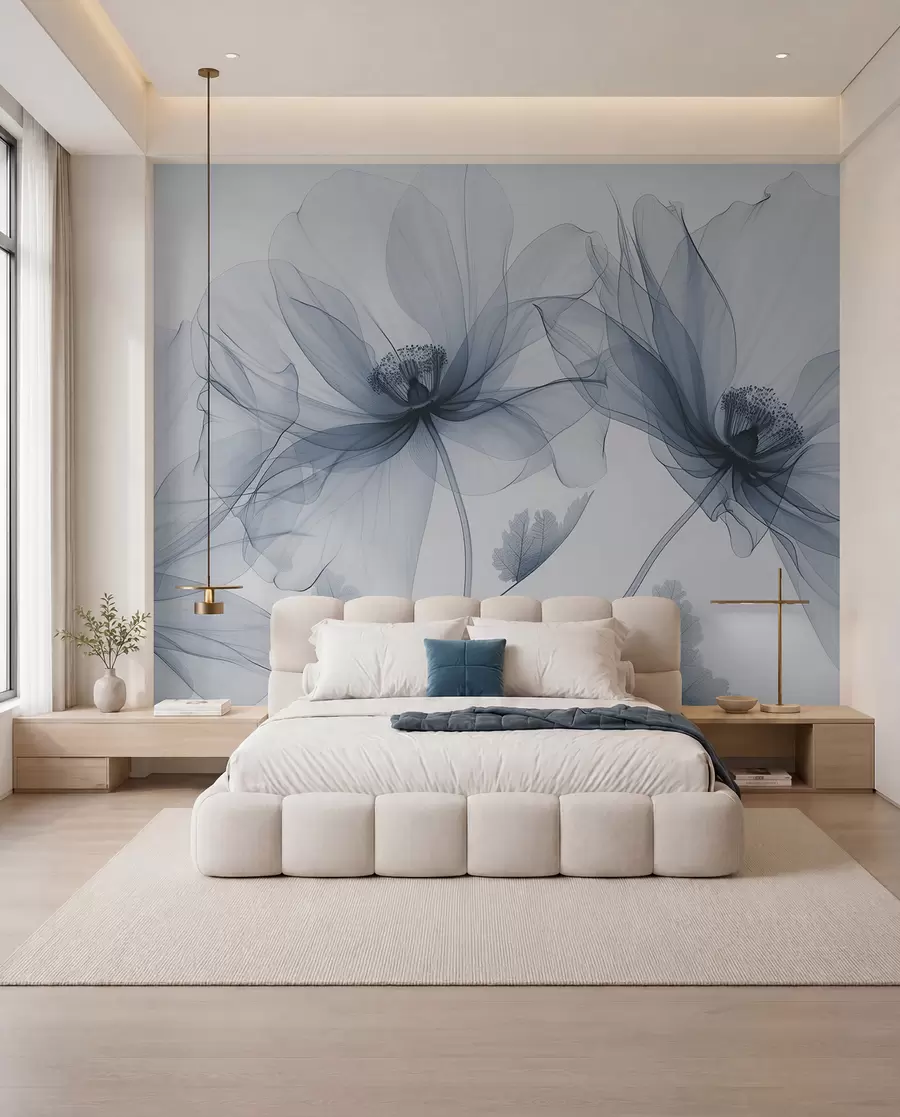 Fototapet Modrá průhledná květina v rentgenovém stylu na bílém pozadí Minimalistický jednobarevný botanický design w01482v1
