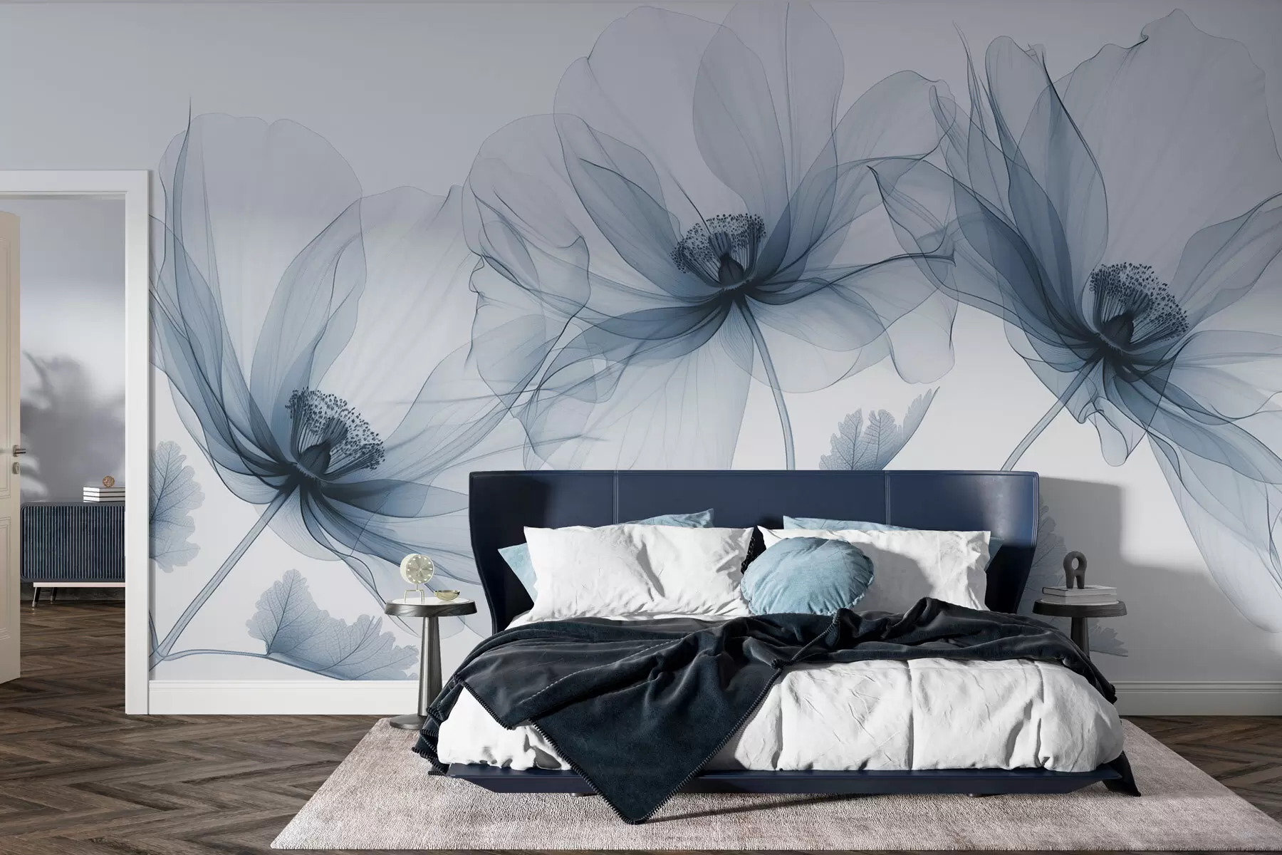 Fototapet Modrá průhledná květina v rentgenovém stylu na bílém pozadí Minimalistický jednobarevný botanický design w01482v1