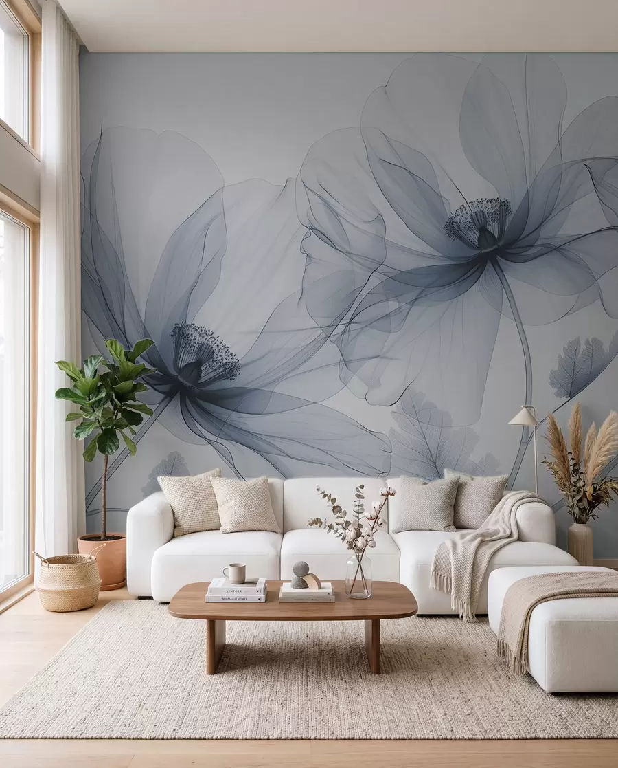 Fototapet Modrá průhledná květina v rentgenovém stylu na bílém pozadí Minimalistický jednobarevný botanický design w01482v1