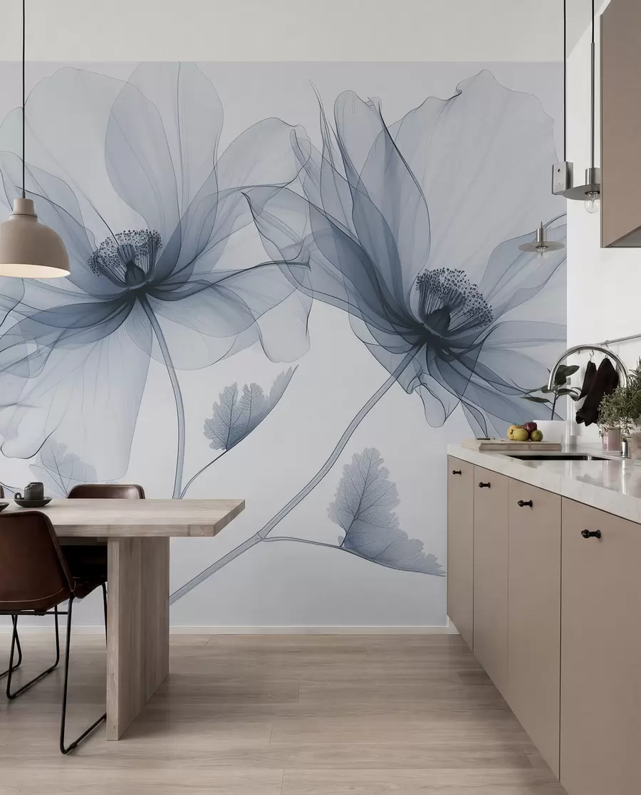 Fototapet Modrá průhledná květina v rentgenovém stylu na bílém pozadí Minimalistický jednobarevný botanický design w01482v1