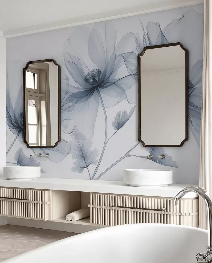 Fototapet Modrá průhledná květina v rentgenovém stylu na bílém pozadí Minimalistický jednobarevný botanický design w01482v1
