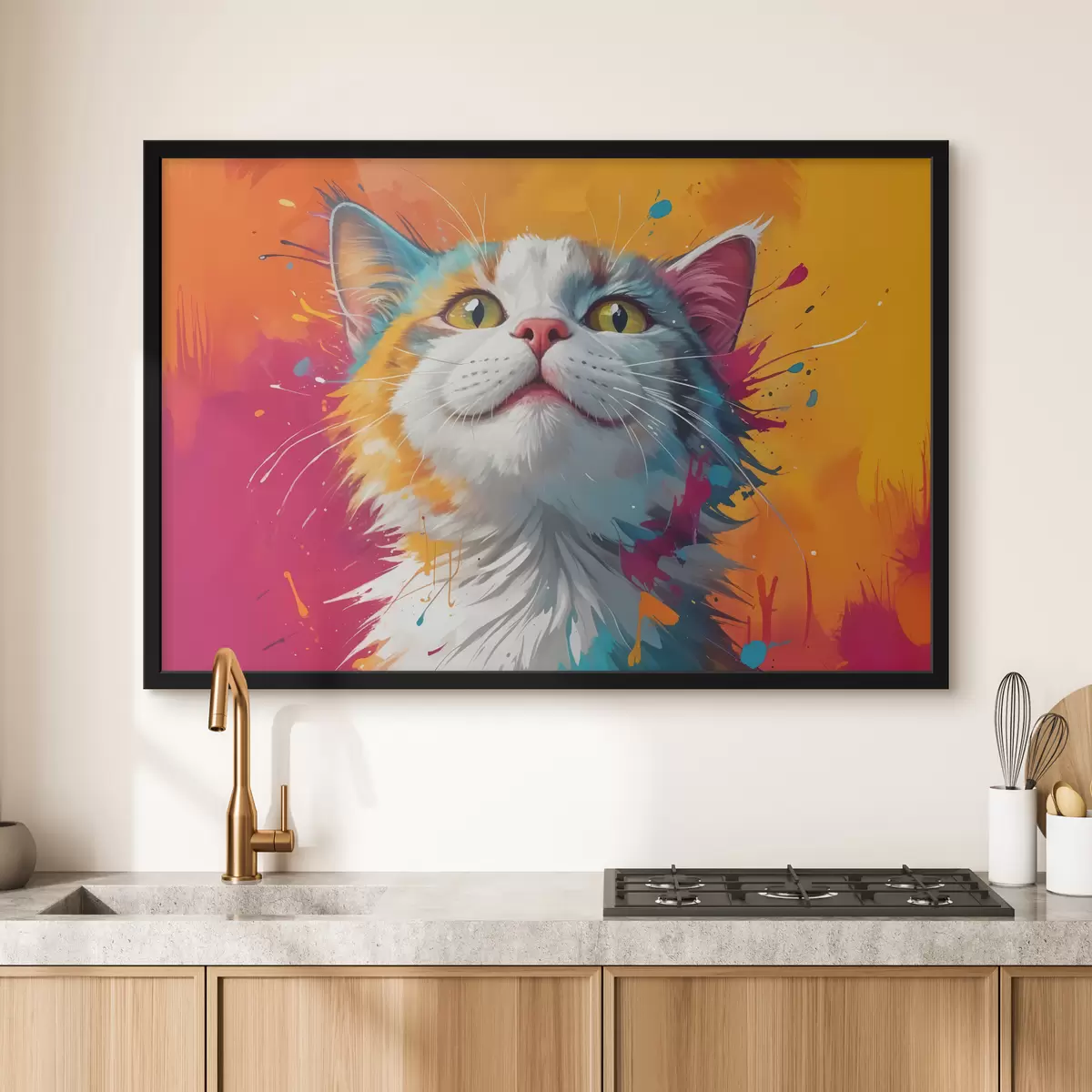 Poster Detailní portrét bílé a oranžové mourovaté kočky se zářivými barevnými cákanci barvy f40547