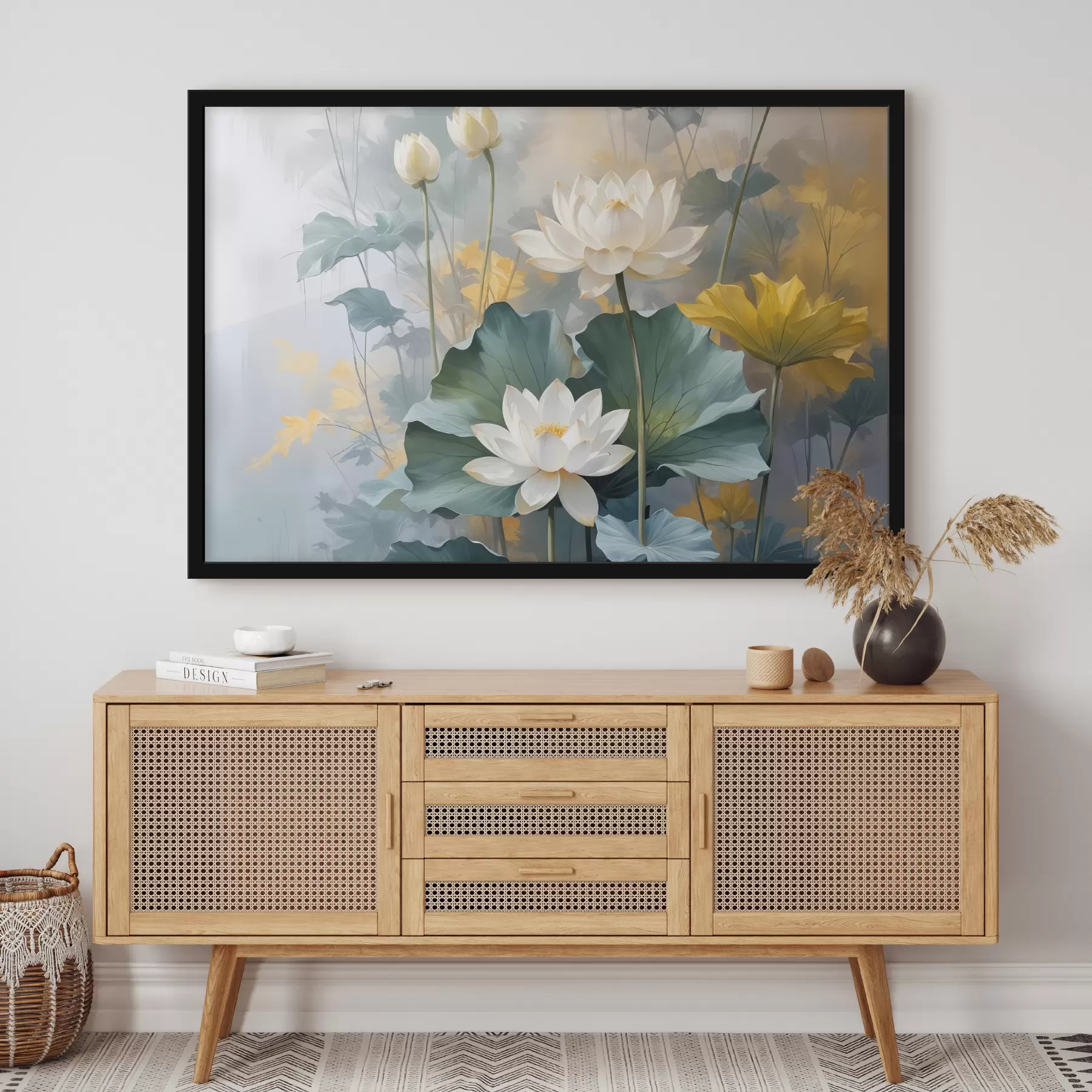 Fototapet Bílé lotosové květy v jezírku se zelenými liliemi, obklopené žlutými květy a rozmazaným pozadím f40559