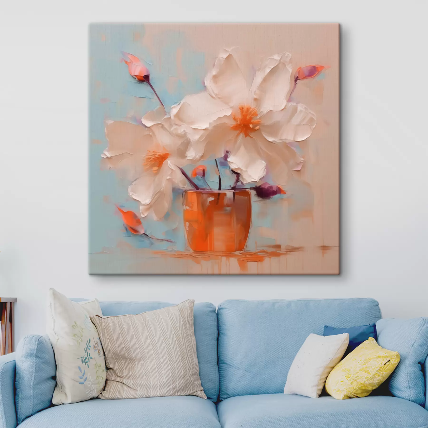 Obraz Narcisy ve váze, bílá, oranžová, béžová, modrá Č. s40520