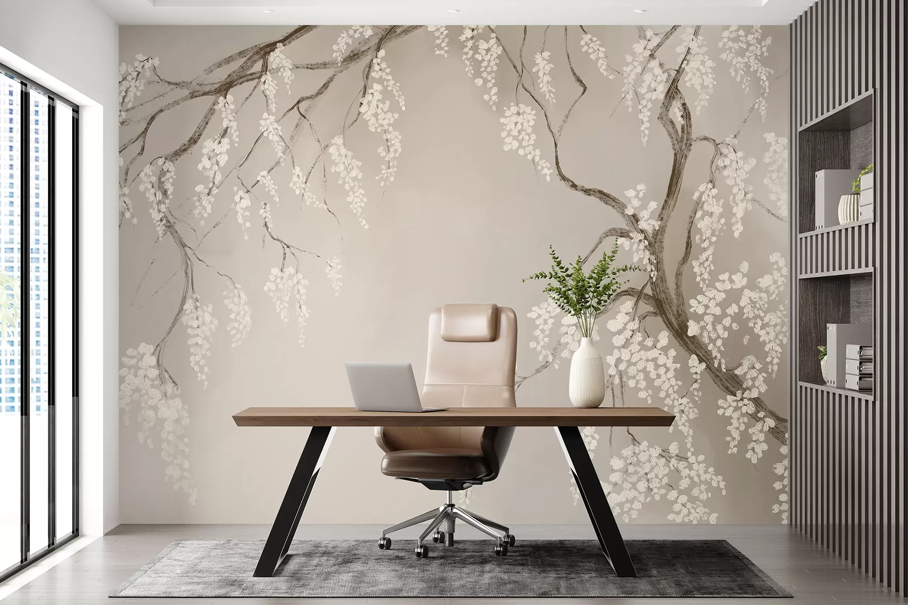 Fototapet Jemná bílá třešeň s květy kvetoucí na větvích na béžovém pozadí w08243