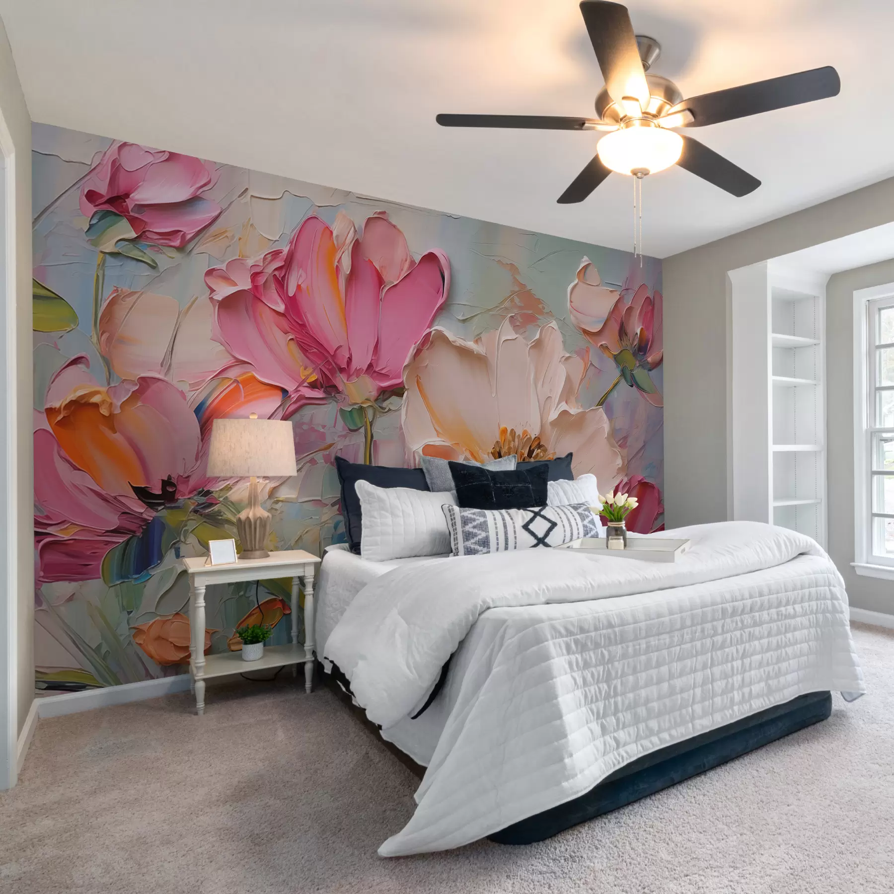 Fototapet Světle růžové květy na světle modrém šedém pozadí w01039