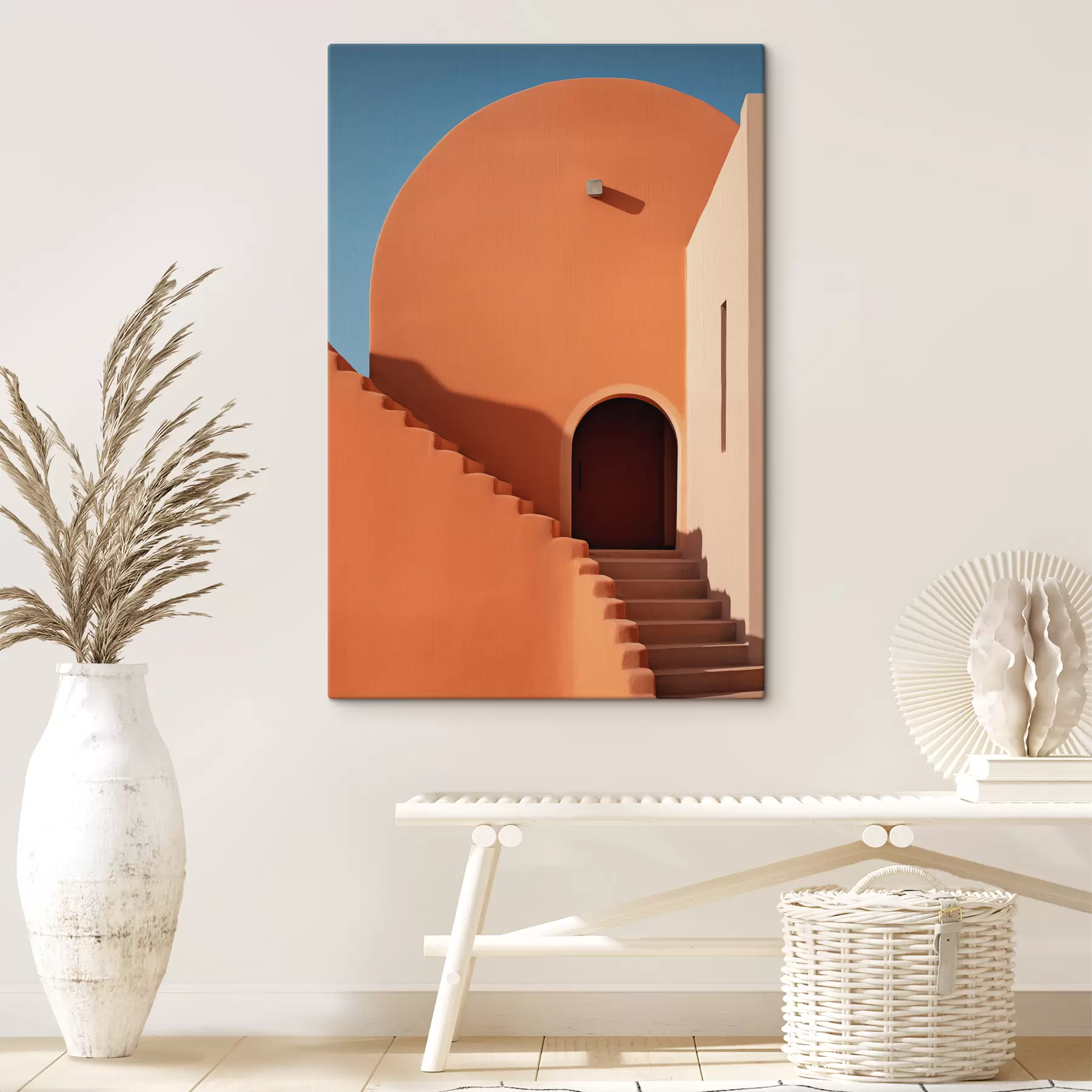 Fototapet Minimalistická architektonická budova se schody, modrá, oranžová barva s40724