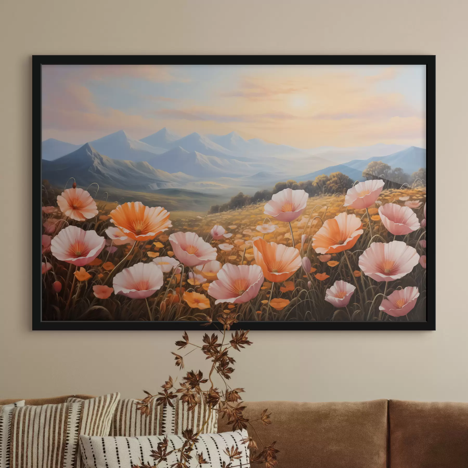 Fototapet Makové pole za úsvitu s horami v pozadí f40730