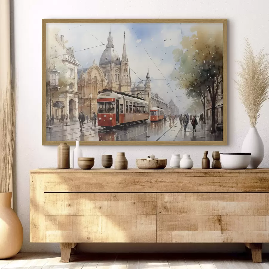 Fototapet Červená tramvaj na vídeňské ulici akvarel f40732