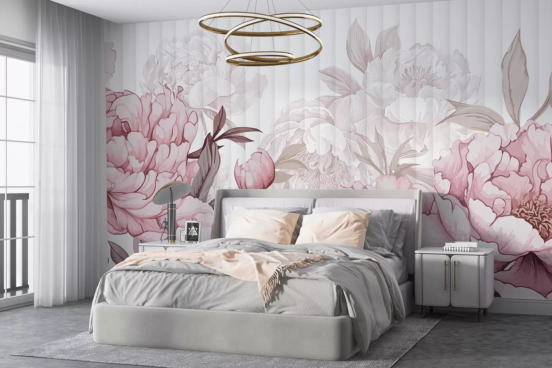 Fototapet Detailní pohled na velké, jemné růžové a bílé květy pivoněk na jemném, texturovaném pozadí w08255