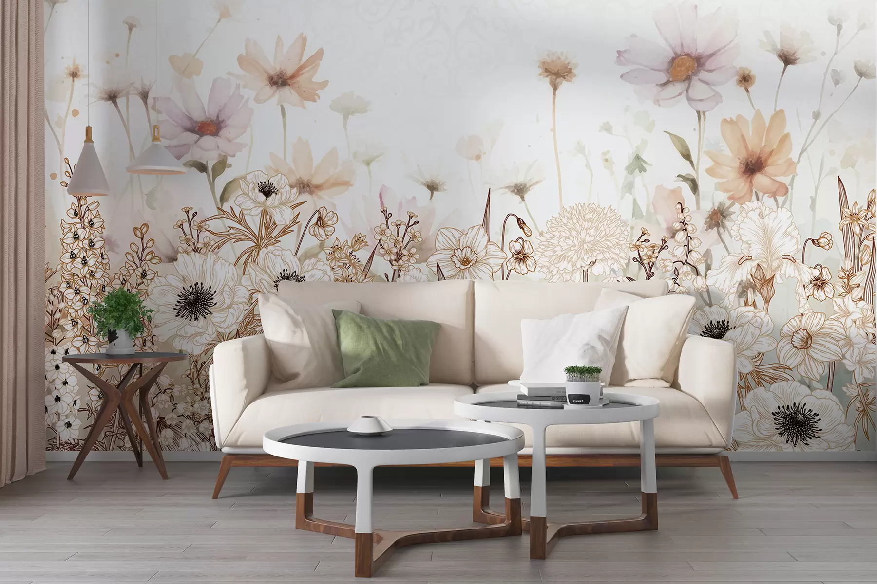 Fototapet Pole bílých, béžových a růžových květů a listů na jemném, rozmazaném květinovém pozadí w08259