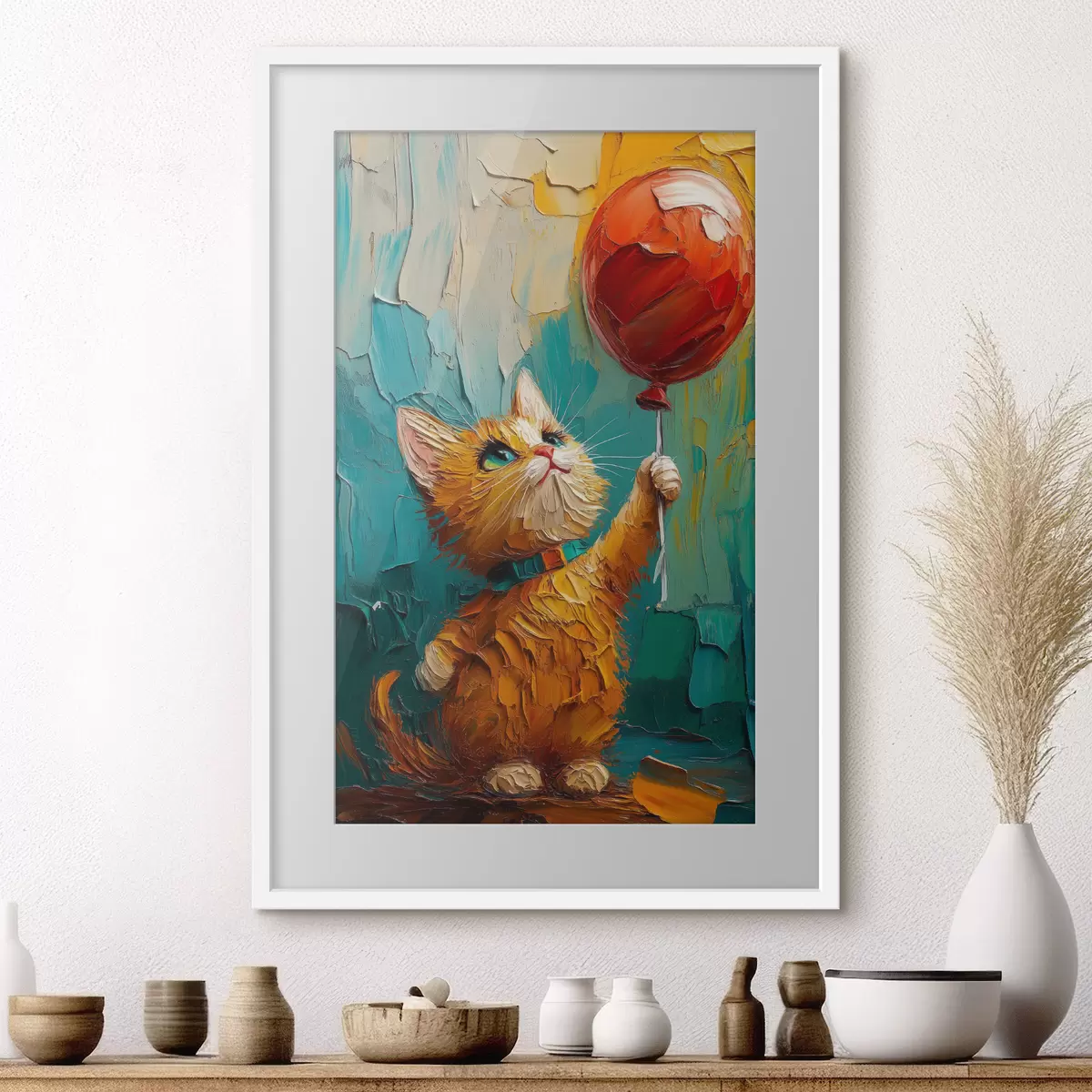 Poster Červená kočka drží v rukou balónek, imitace olejomalby f40649