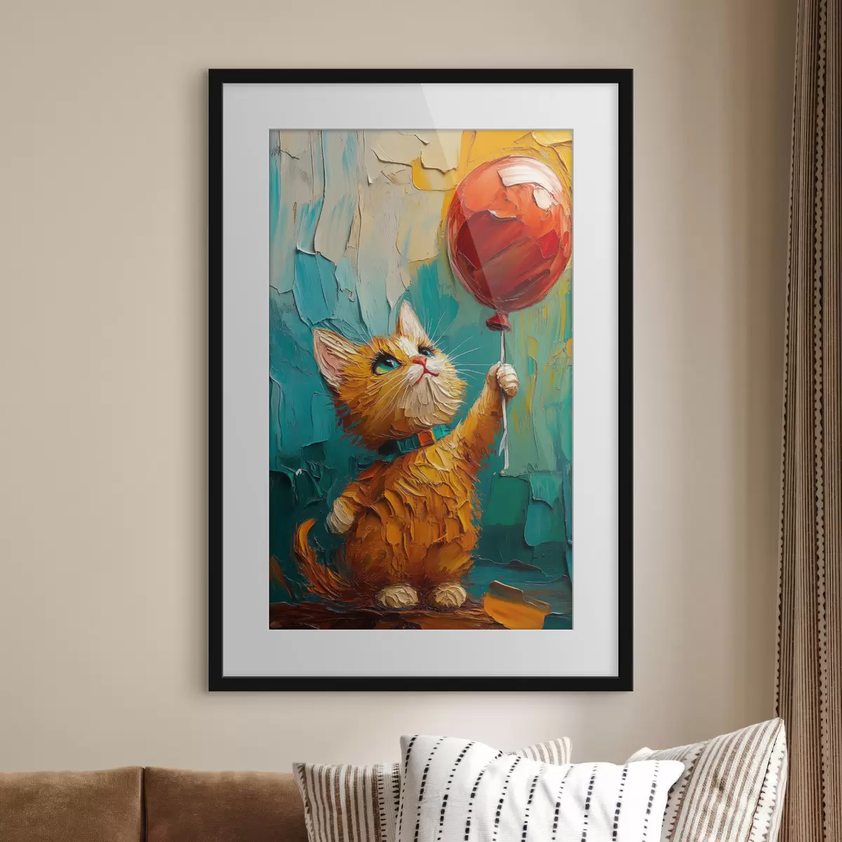 Poster Červená kočka drží v rukou balónek, imitace olejomalby f40649