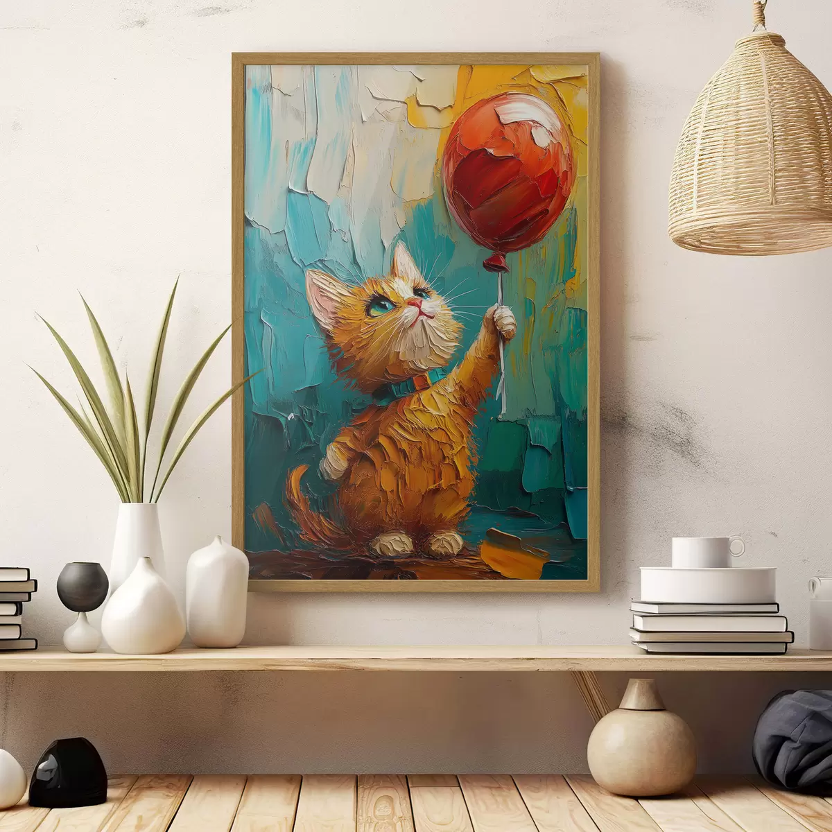 Poster Červená kočka drží v rukou balónek, imitace olejomalby f40649
