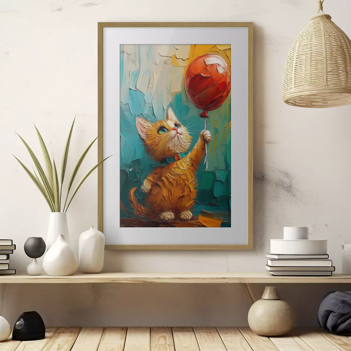 Poster Červená kočka drží v rukou balónek, imitace olejomalby f40649