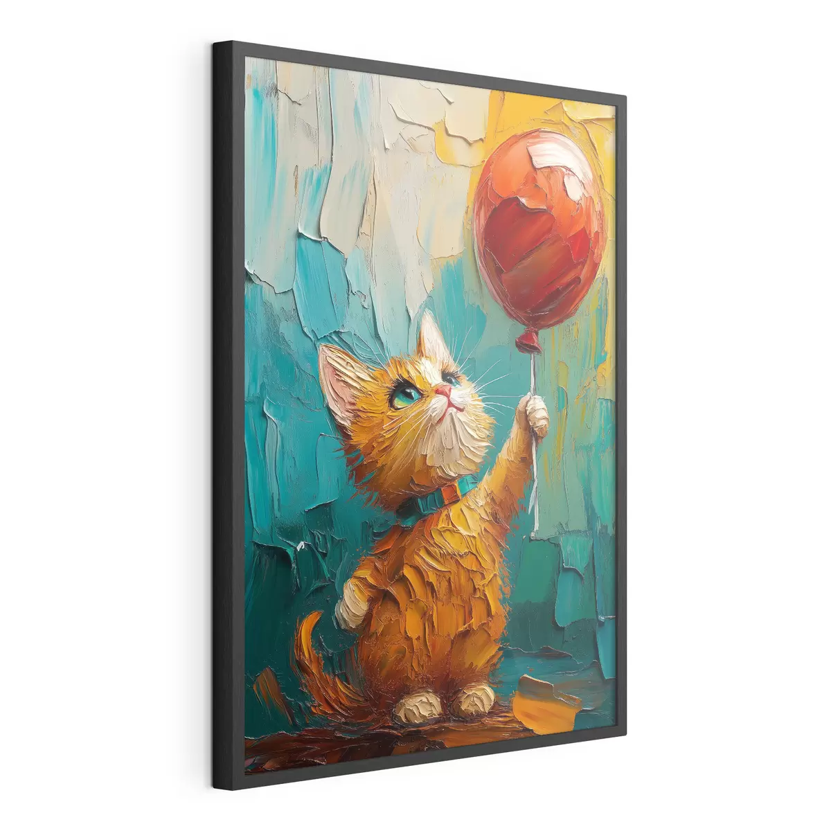 Poster Červená kočka drží v rukou balónek, imitace olejomalby f40649