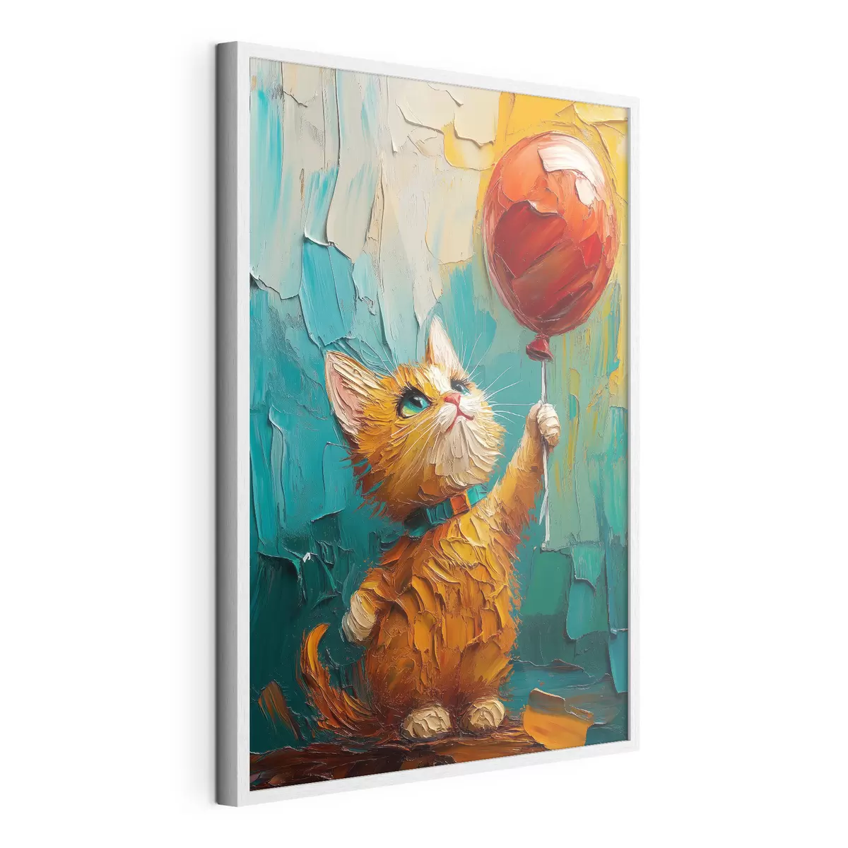 Poster Červená kočka drží v rukou balónek, imitace olejomalby f40649