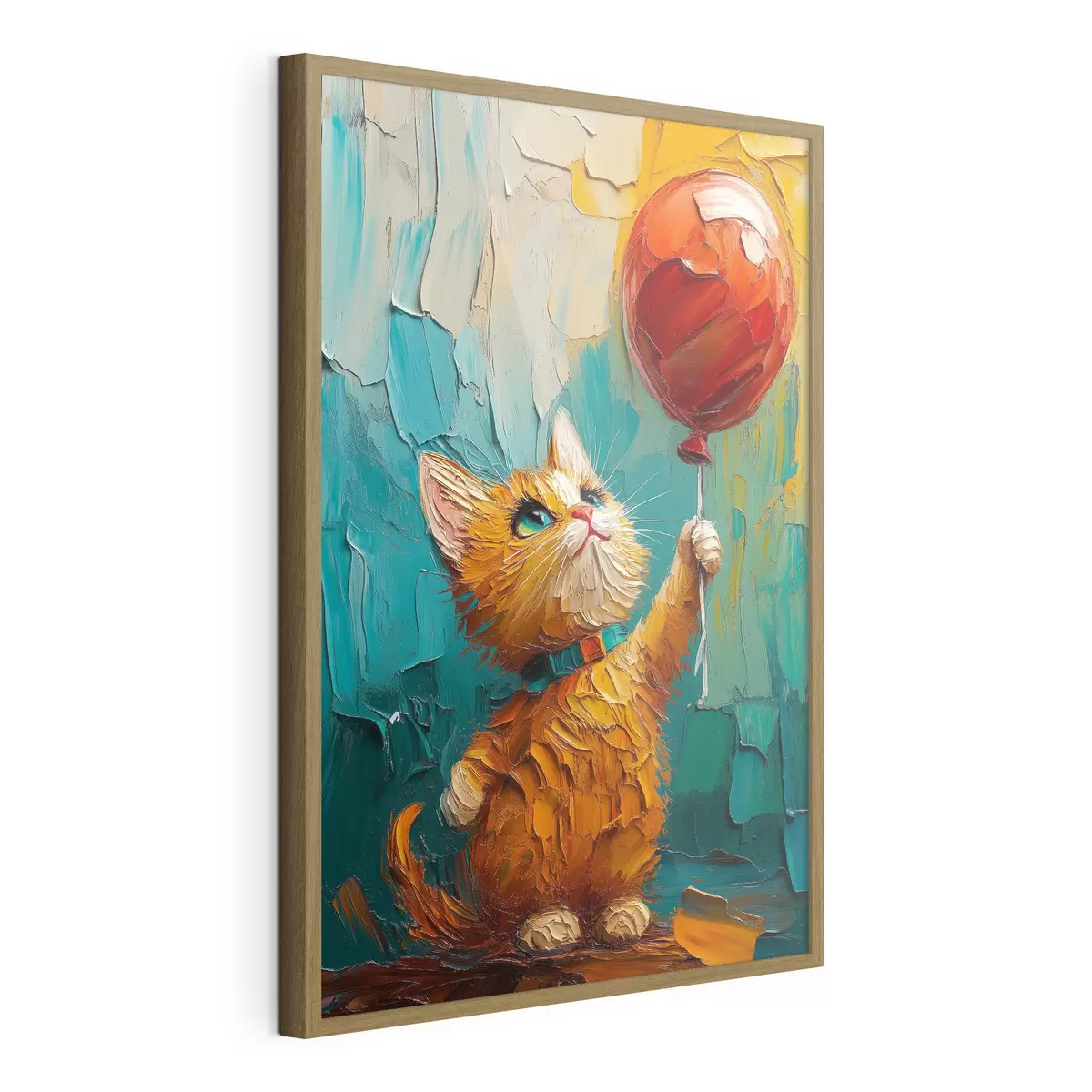 Poster Červená kočka drží v rukou balónek, imitace olejomalby f40649