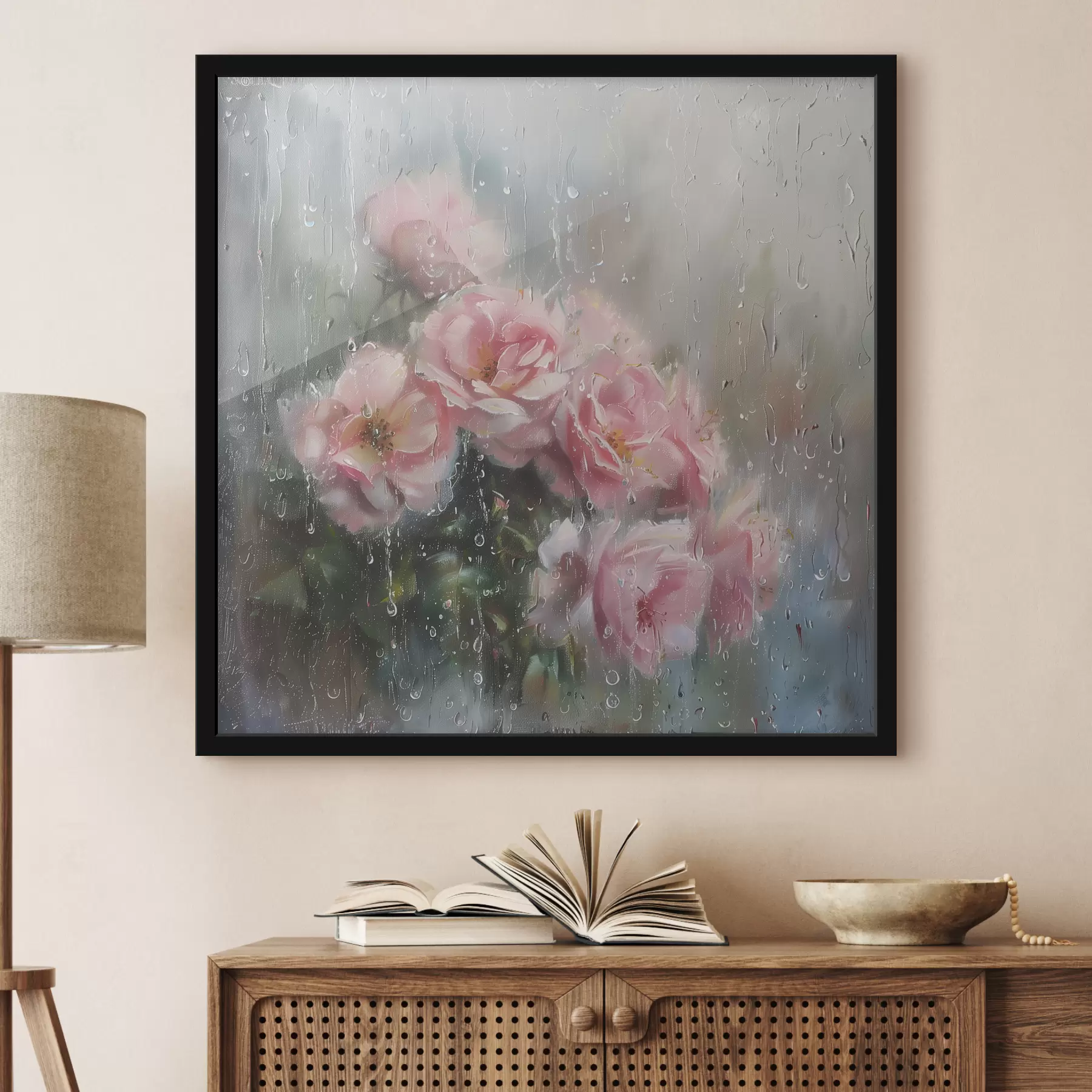 Fototapet Kytice růžových růží za oknem v deštivém počasí f40656