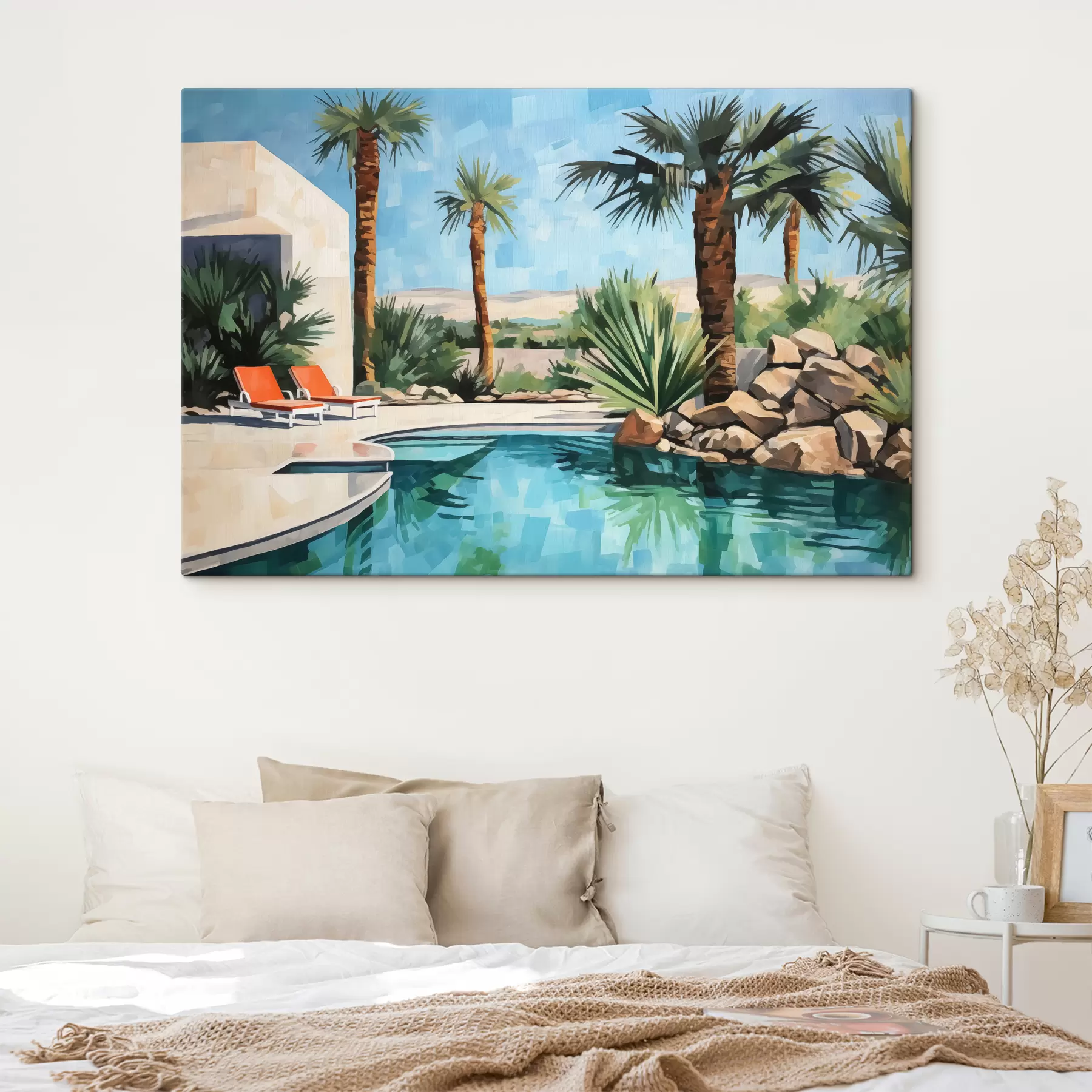 Obraz Palmy u hotelu s bazénem u skal, modrá, zelená, červená barva Č. s40748