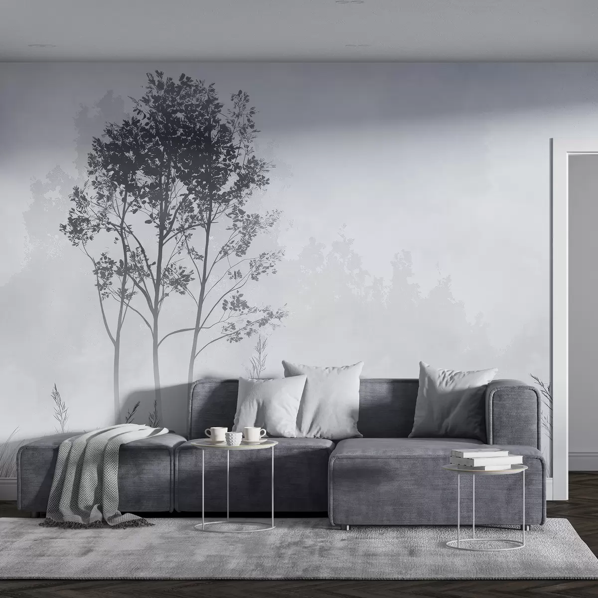 Fototapet Mlžný les, přírodní krajina, louka, stromy, šedá barva w01547v1