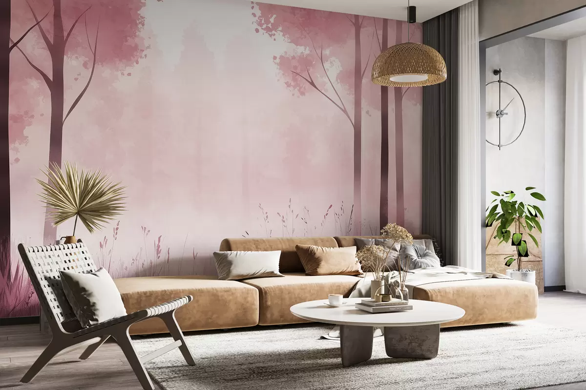 Fototapet Akvarel les, mlha, stromy, tráva, přírodní krajina, růžová barva w01563v1