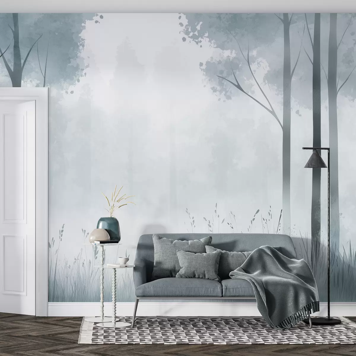 Fototapet Akvarel les, mlha, stromy, tráva, přírodní krajina, šedá barva w01563v3