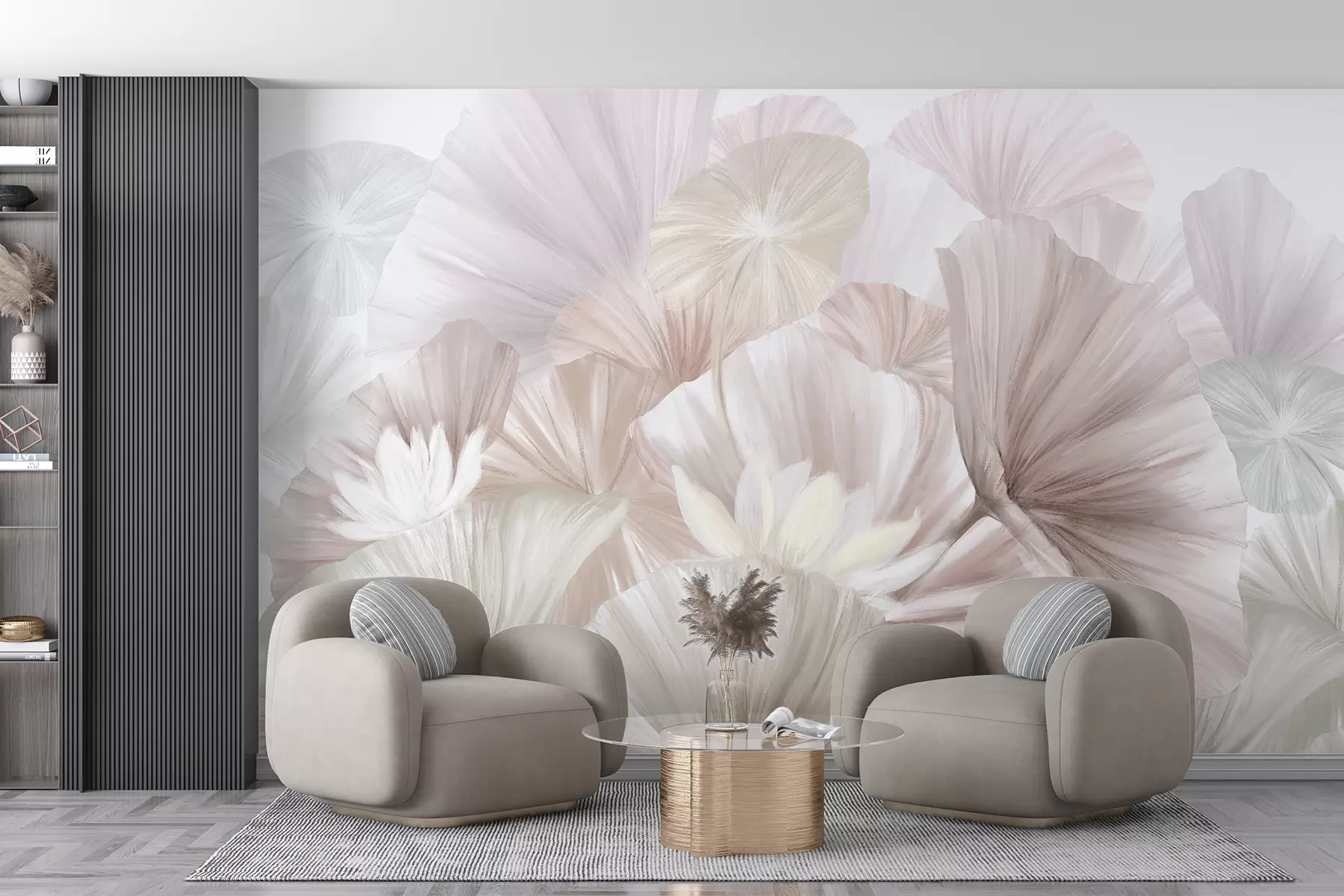 Fototapet Jemné růžové lotosové listy s bílými květy s jemnými, peříčkovými okvětními lístky naaranžované v přírodní umělecké kompozici w08265v1