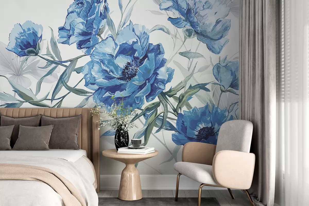 Fototapet Obraz modrých pivoněk se svěžími listy na světlém abstraktním pozadí  w08274v1