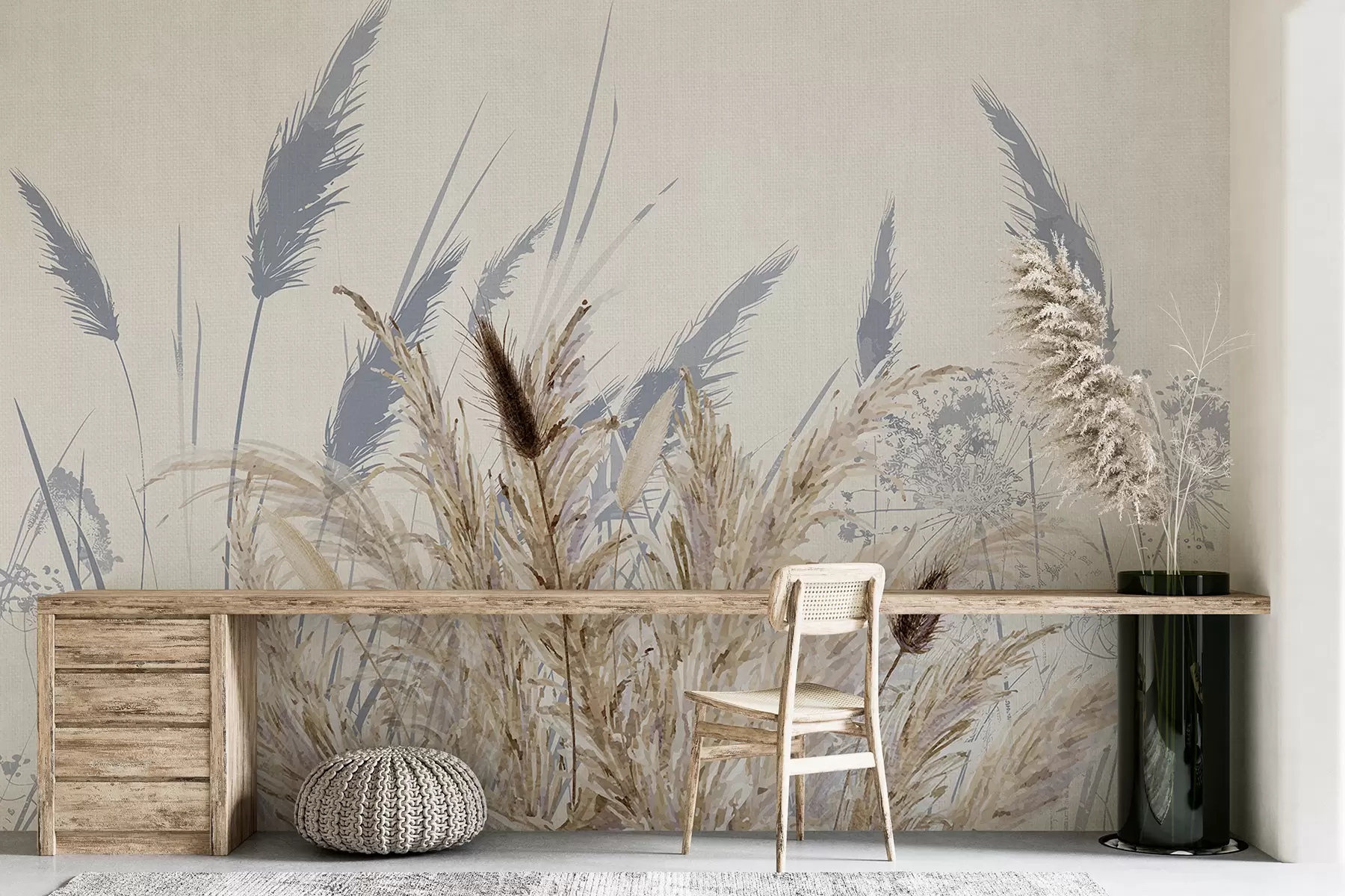 Fototapet Vysoká stébla pšenice a trávy s načechranými bílými chocholy na světlém pozadí w08282