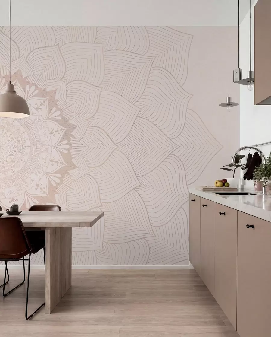 Fototapet Kulatá mandala, tapeta pro prostor na jógu nebo pro harmonizaci osobního prostoru. Nástěnná mandala v teplých pastelových barvách na strukturovaném nepravidelném pozadí w01088